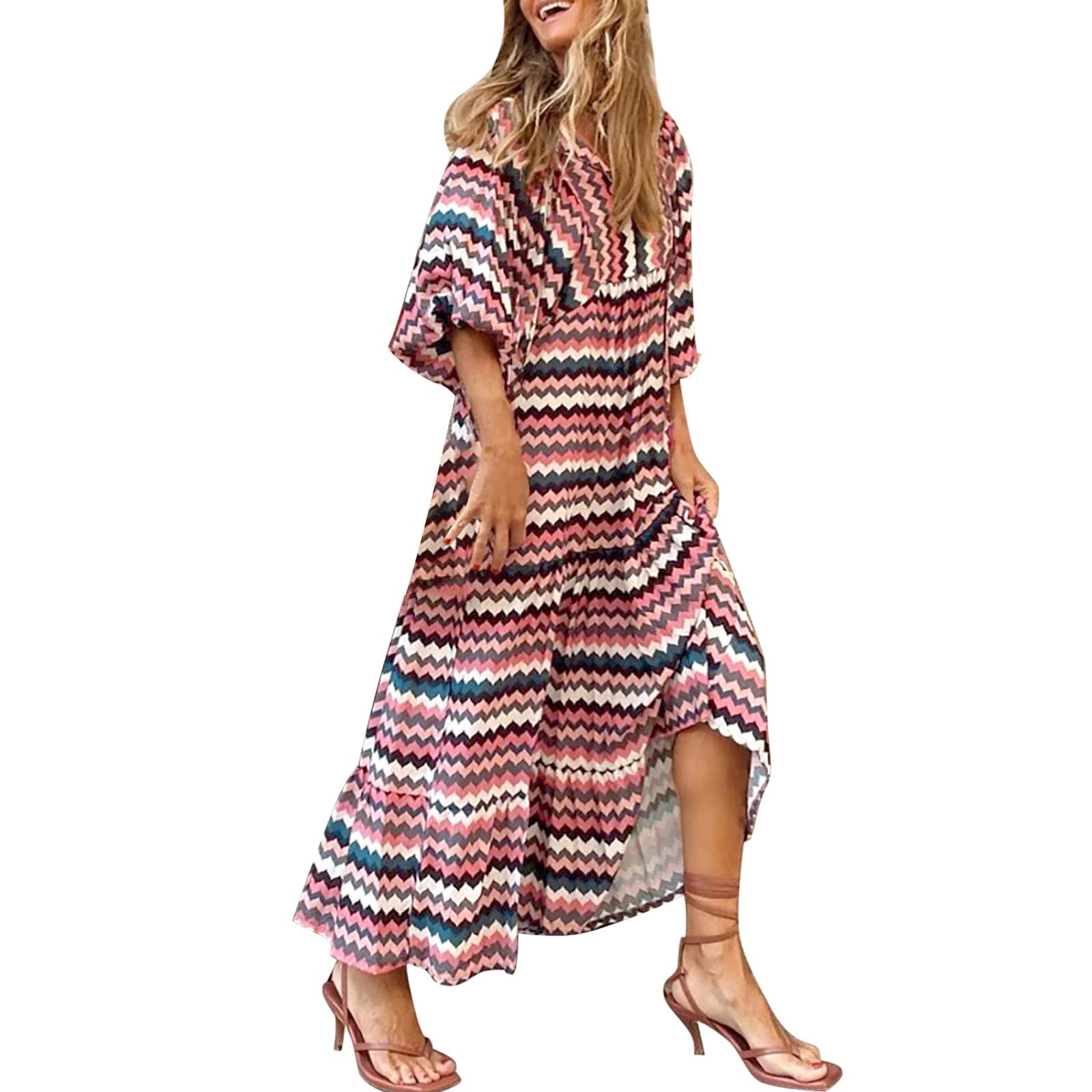 Bohemian Floral Maxi Dress for Women - Casual Loose Round Neck Short Sleeve Summer Beach Dress Plus Size Button Up - Perfect for Beach Vacations, Music Festivals & Boho Chic Outfits