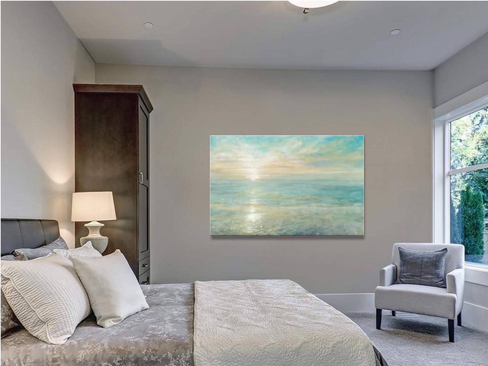 Blue Sea Seascape Canvas Wall Art - Stretched Framed Ocean Beach Painting for Bathroom & Bedroom Decor - Ready to Hang Abstract Coastal Wall Decor (28x40 Inches) - Perfect for Coastal Themed Living Rooms, Beach Houses & Spa Bathrooms
