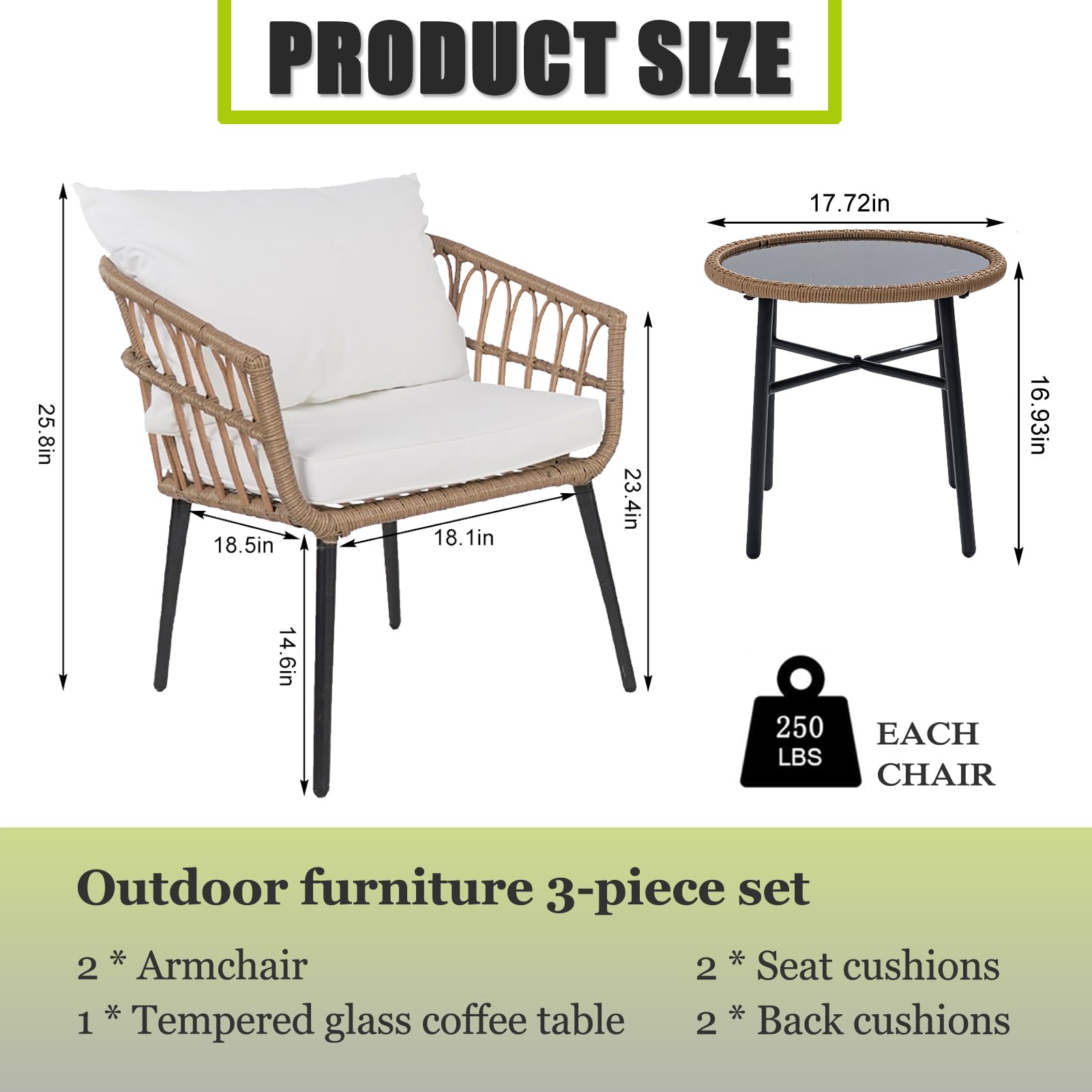 Homsido 3-Piece Bohemian Wicker Patio Furniture Set - Outdoor Rattan Chairs with Coffee Table & Waterproof Cushions - Perfect for Garden, Balcony, and Indoor Conversation Areas