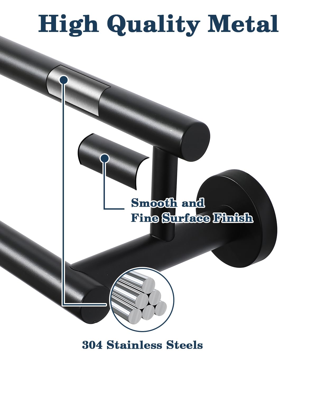 Stainless Steel Towel Bar 24 Inch - Double Bath Towel Rack for Bathroom, Wall Mounted Towel Holder with Matte Black Finish (GYT6902-B) | Durable SUS304 for Bathroom, Lavatory & Spa Decor