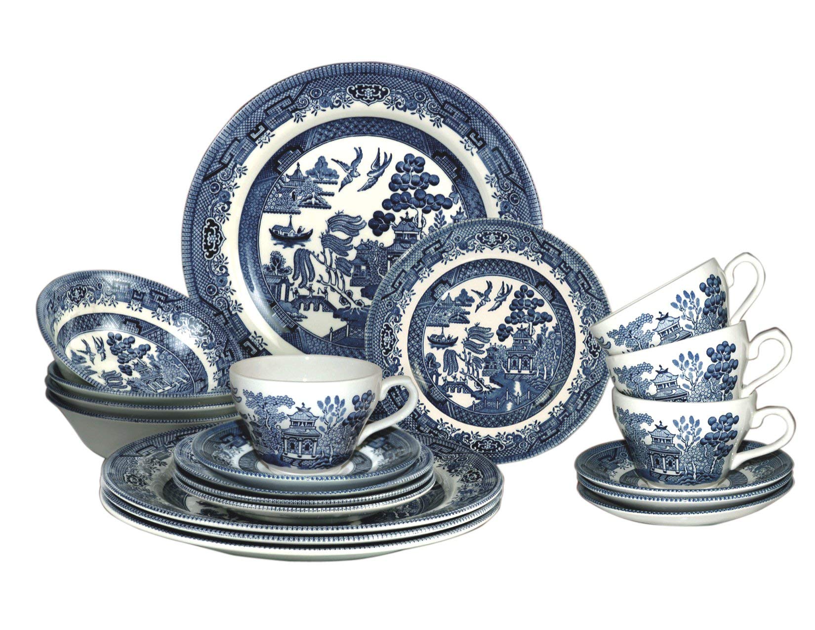 Churchill Blue Willow 20-Piece Dinnerware Set - Plates, Bowls & Cups | Made in England | Elegant Table Setting for Family Dinners & Special Occasions