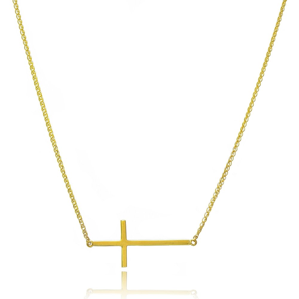 14K Yellow Gold Horizontal Cross Necklace for Women - Elegant Religious Jewelry Gift for Baptism, Confirmation & Everyday Wear