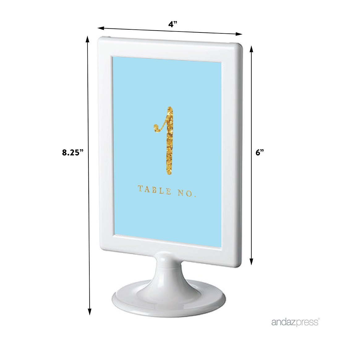 Andaz Press Gold Glitter Framed Table Numbers 1-8, 4x6 Inch Double Sided Wedding Reception Sign, Light Baby Blue Cardstock with Frame - Perfect for Weddings, Baby Showers & Special Events