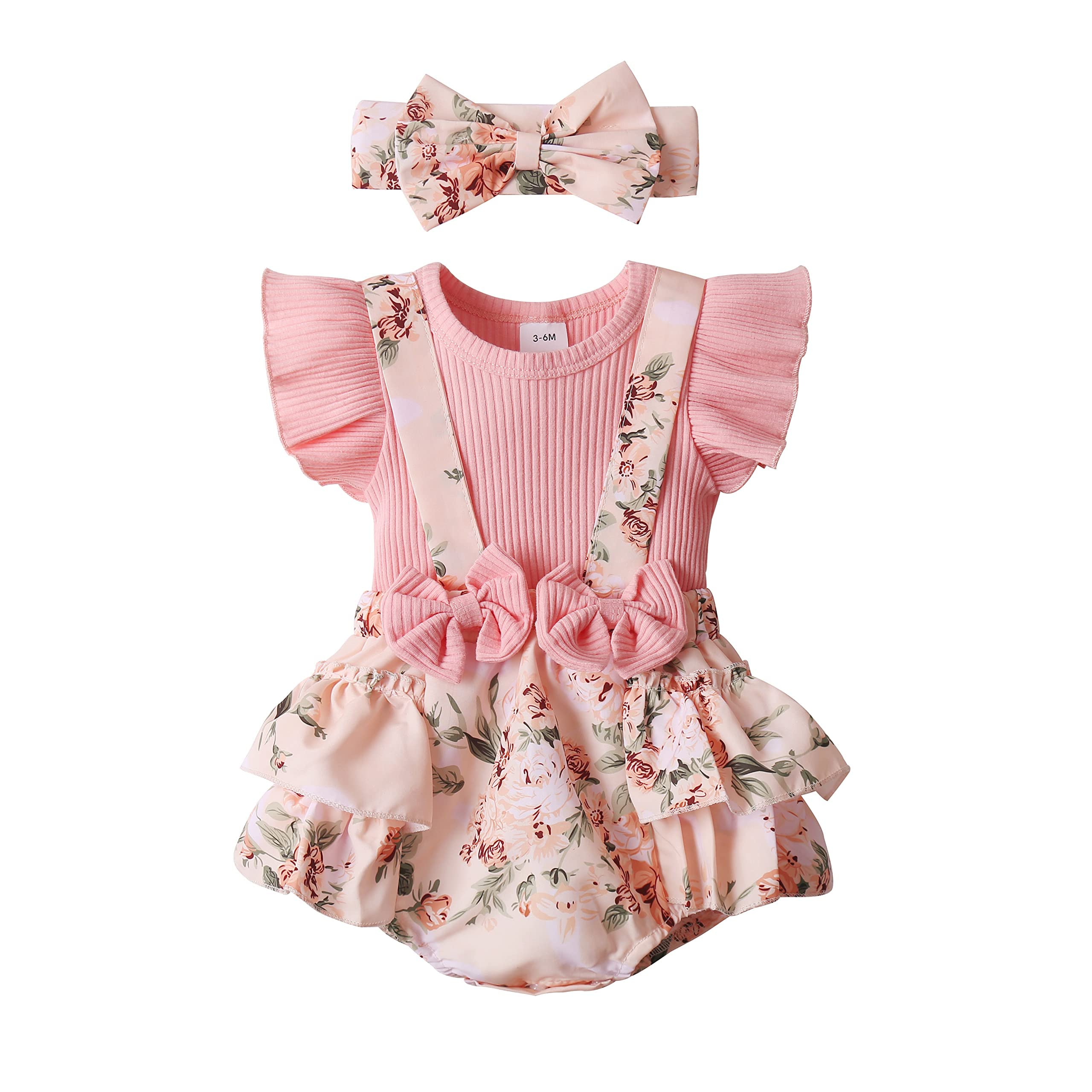 Baby Girl Floral Romper Dress with Ruffle Sleeves & Headband - Newborn Infant Jumpsuit Outfit for Spring Summer - Perfect for Photoshoots, Parties & Everyday Wear