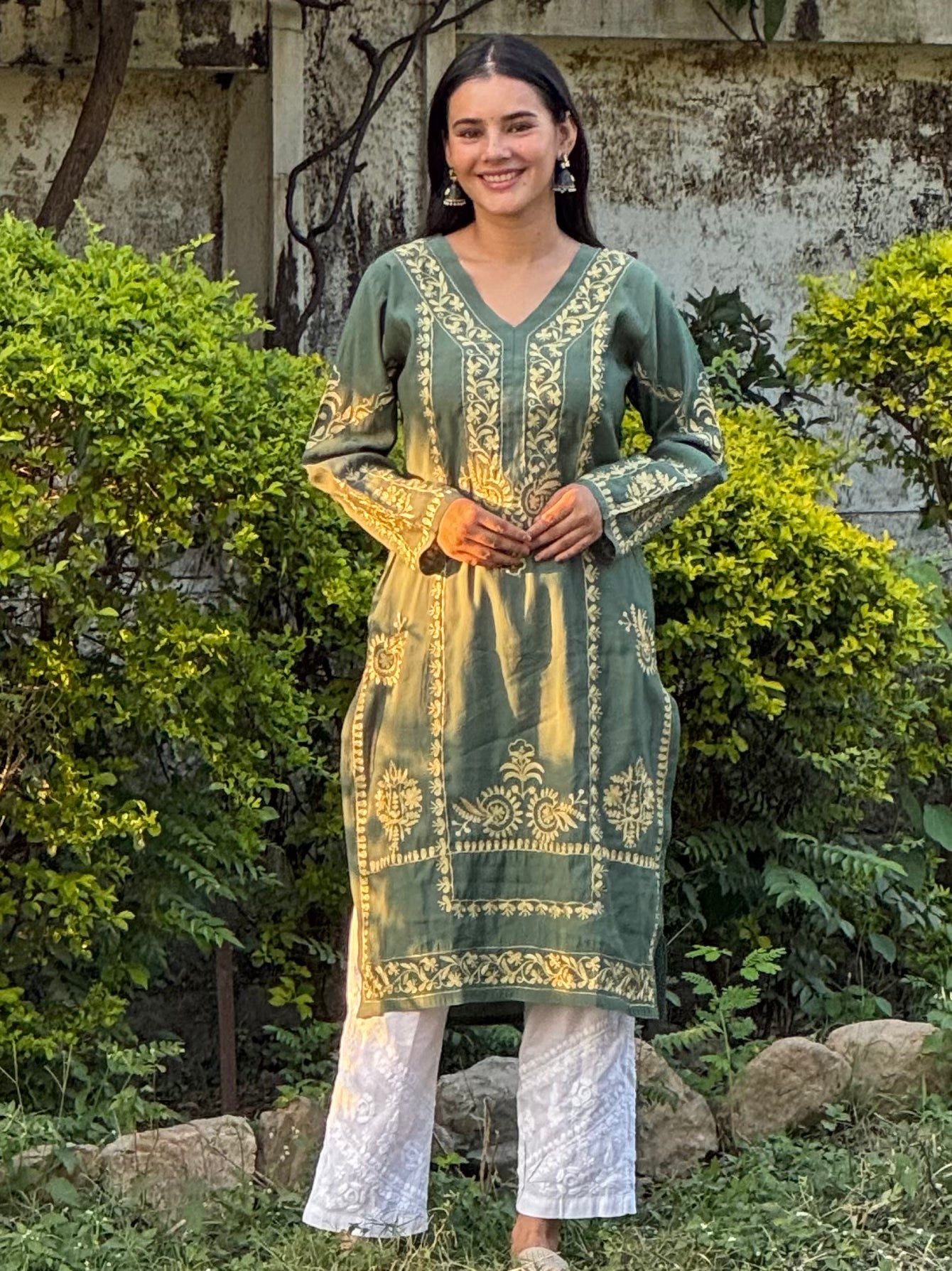 Elegant Saba Gold Zari Embroidered Long Kurta in Bottle Green Muslin Fabric - Perfect for Festivals, Weddings & Ethnic Occasions