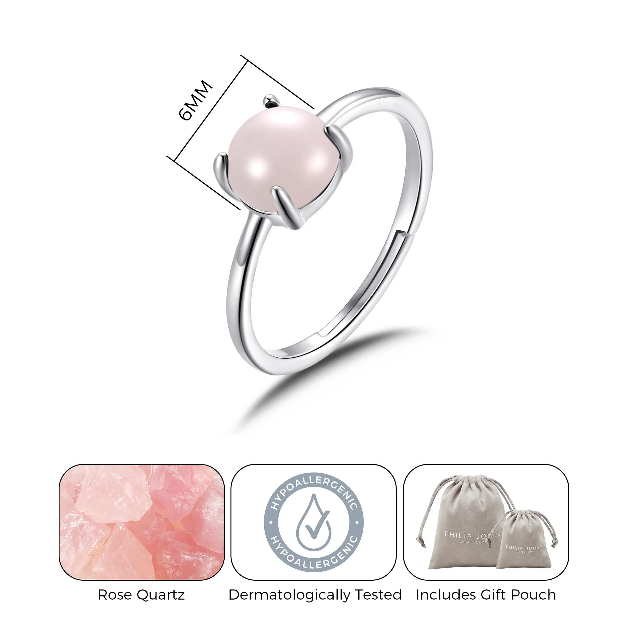 Philip Jones Rose Quartz Adjustable Ring for Women - Healing Crystal Jewelry for Stress Relief, Chakra Balancing & Positive Energy | Perfect for Meditation, Yoga & Spiritual Gifts