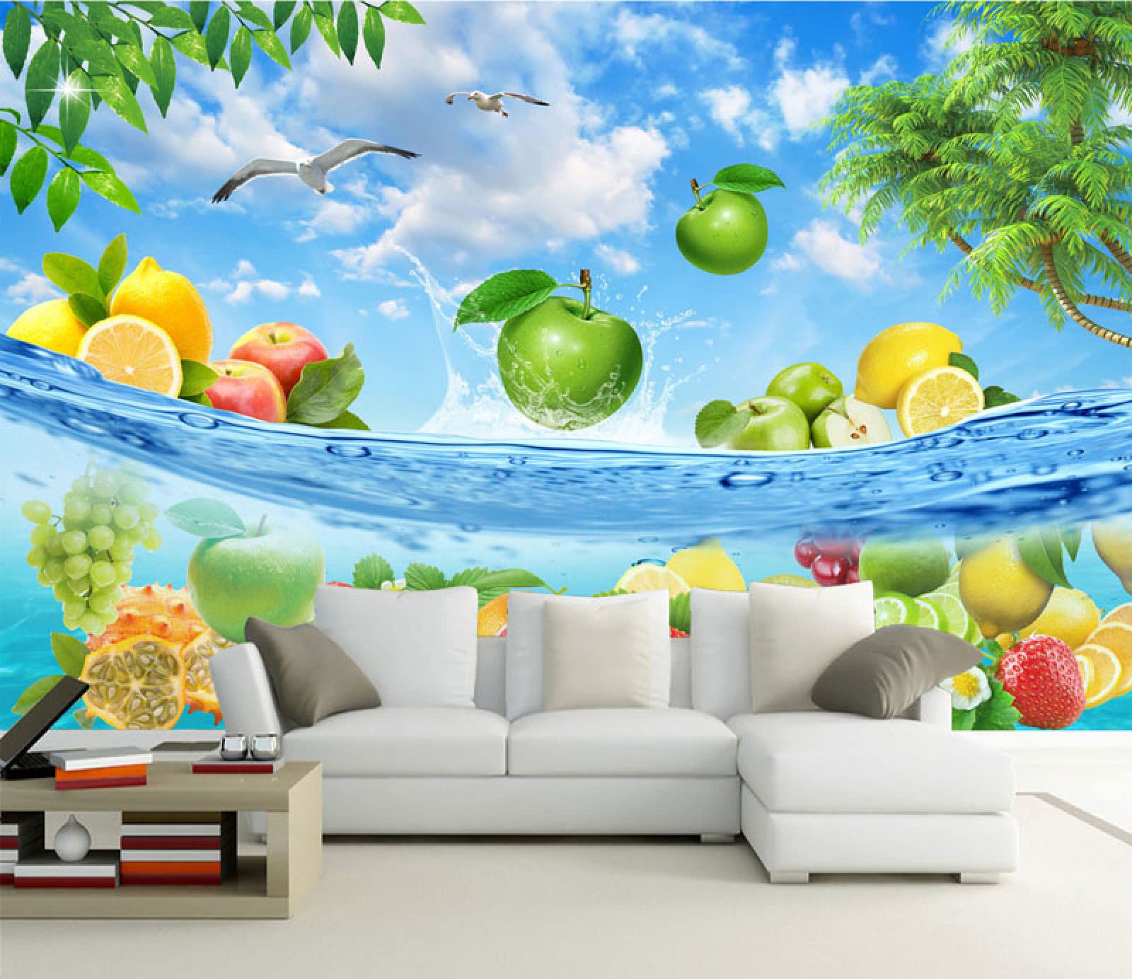 3D Fruit Wall Mural - Large Summer Seaside Oil Painting Wallpaper (400x280cm) for Living Room Sofa Background & Home Decor - Perfect for Beach House, Coastal Theme Bedroom, or Tropical Dining Room Wall Covering
