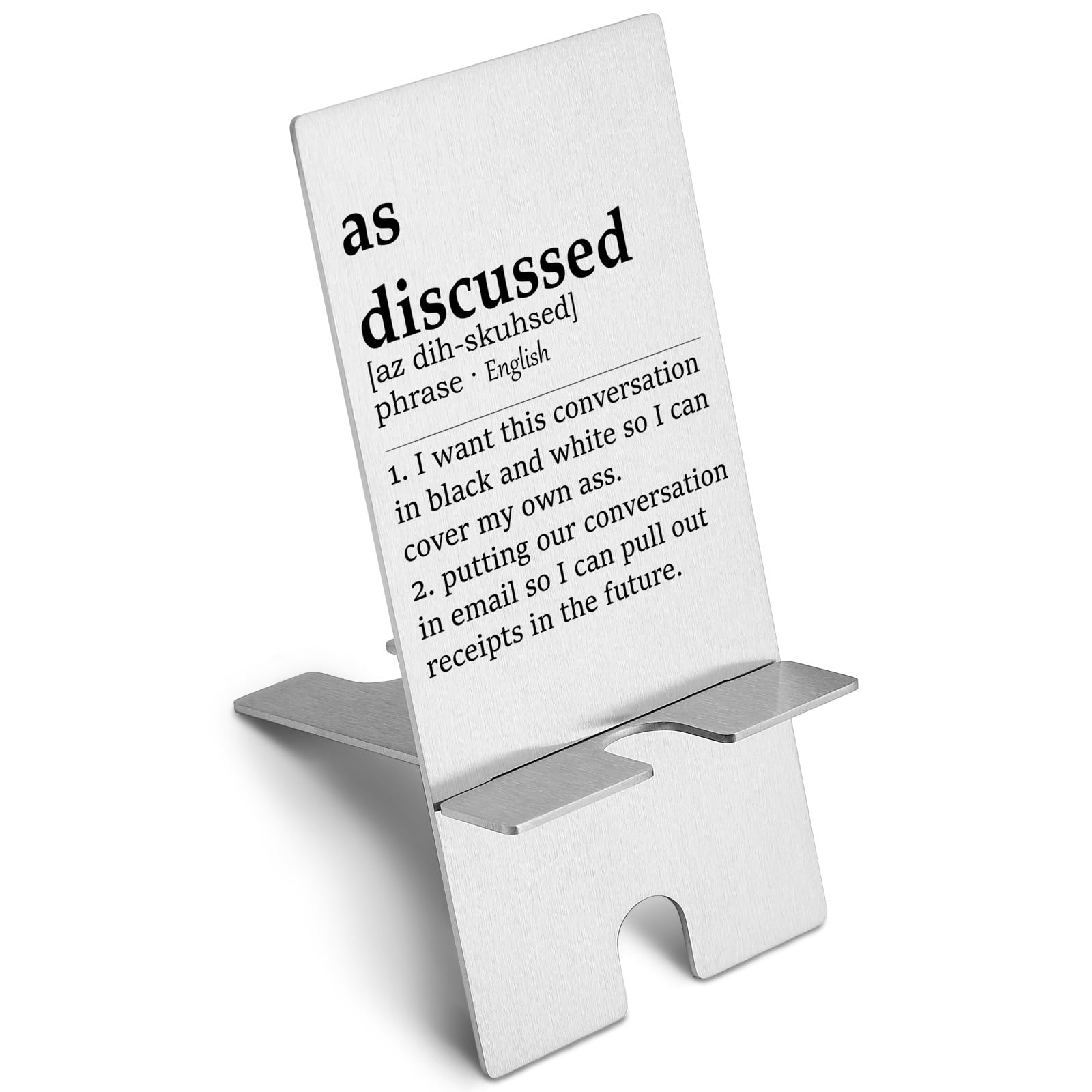 YODOCAMP Funny 'As Discussed' Definition Metal Phone Stand - Desk Holder for iPhone & Android - Unique Office Gifts for Women, Men, Boss & Coworkers - Perfect for Home Office, Work Desk & Gift Giving