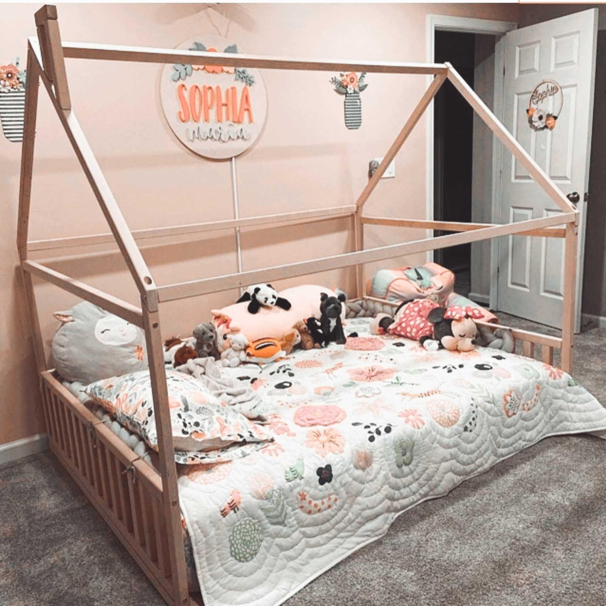 Montessori Kids House Bed with Rails - Safe Toddler Floor Bed for Playroom