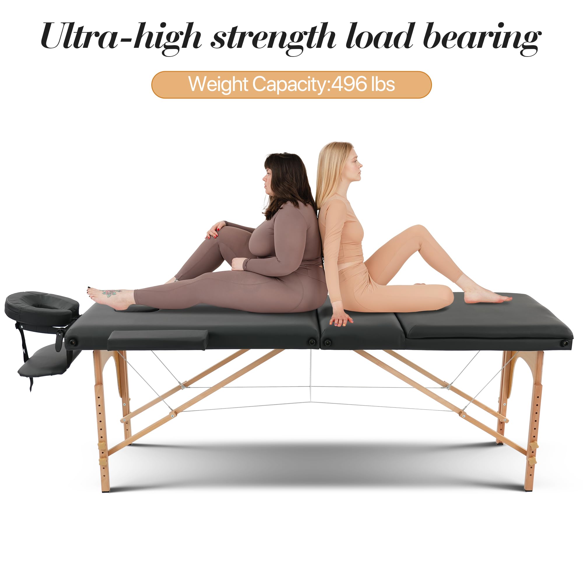 Portable 3-Section Foldable Massage Table - Adjustable Height Tattoo & Lash Spa Bed with Face Cradle - Lightweight Wood Frame Salon Bed for Home & Professional Use - Perfect for Massage Therapists, Tattoo Artists & Beauty Salons (Black)