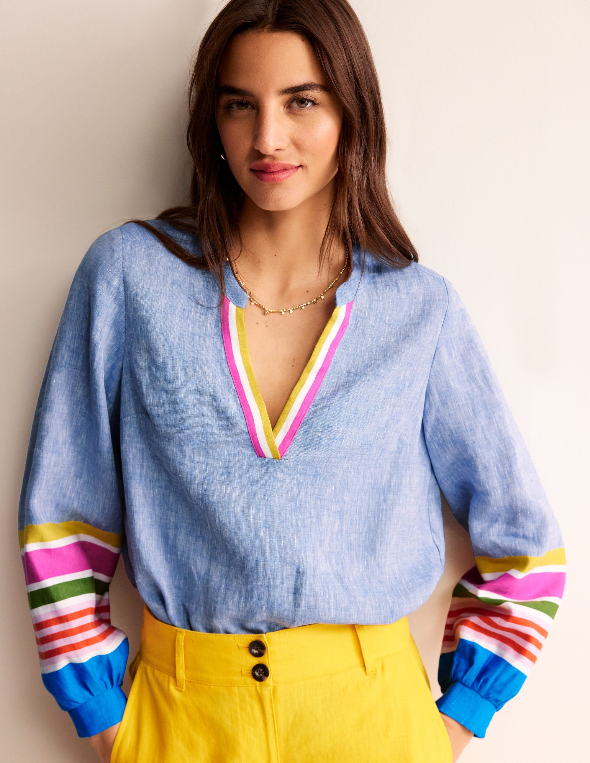 Alice Women's Linen Top - Blue & Multicolor Striped Casual Shirt for Summer, Beach, and Everyday Wear