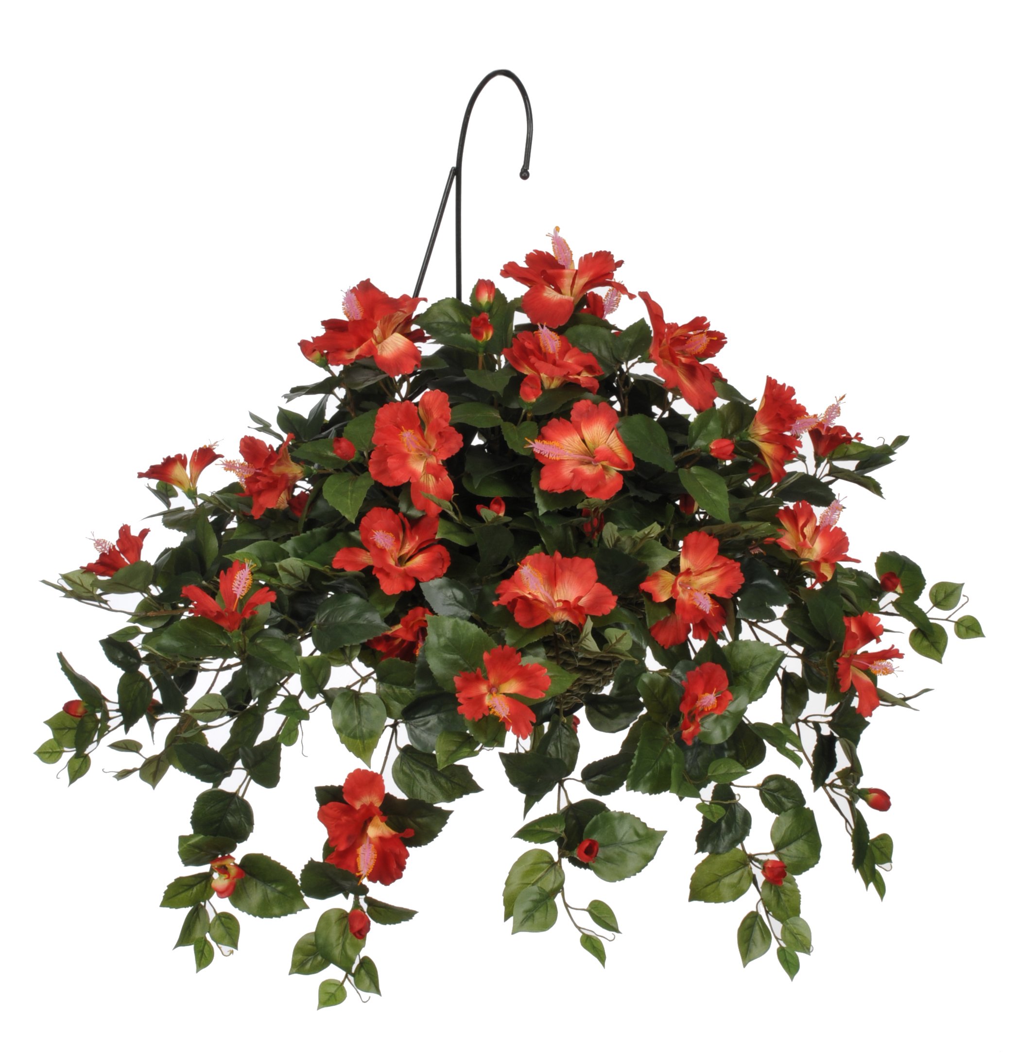 Artificial Hibiscus Hanging Basket - Vibrant Tomato Red Silk Flowers for Outdoor/Indoor Decor - Perfect for Patio, Garden, Porch & Home Decorating