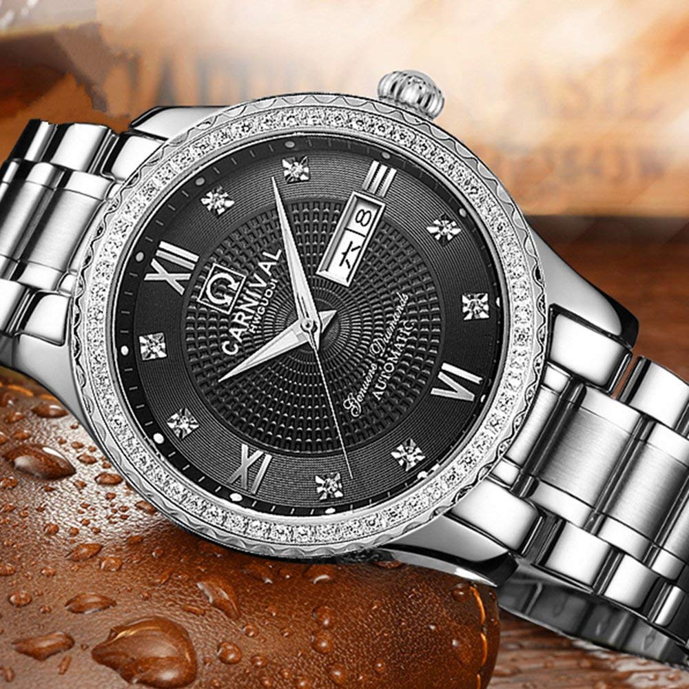 MASTOP Men's Automatic Self-Winding Business Watch - Stainless Steel Waterproof Luminous Bezel with Crystal Inlays - Perfect for Office, Formal Events & Everyday Wear