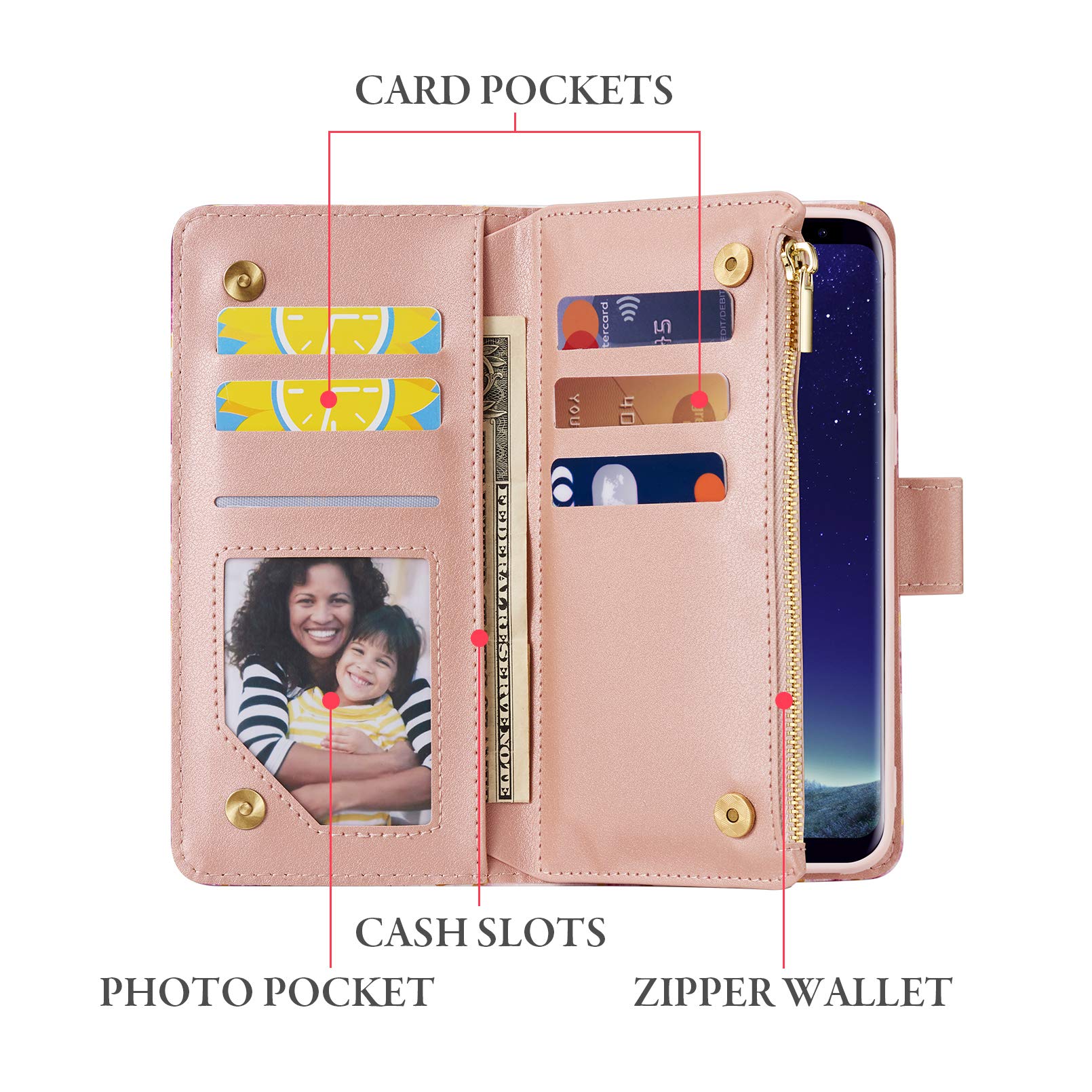 Premium PU Leather Wallet Case for Samsung Galaxy S8 - Geometric Zipper Design with Card Slots, Kickstand & Wrist Strap | Magnetic Closure | Marble Purple | Perfect for Work, Travel & Everyday Use