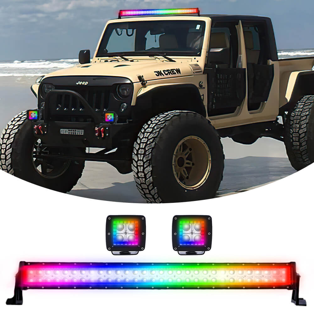 Flood Spot Combo LED Light Bar with 2PCs LED Square Cube Pods - RGB Halo Ring DRL Work Light Kit for Off-Road Trucks, ATVs, UTVs & Jeeps - Waterproof Auxiliary Lighting for Night Driving, Camping & Outdoor Adventures