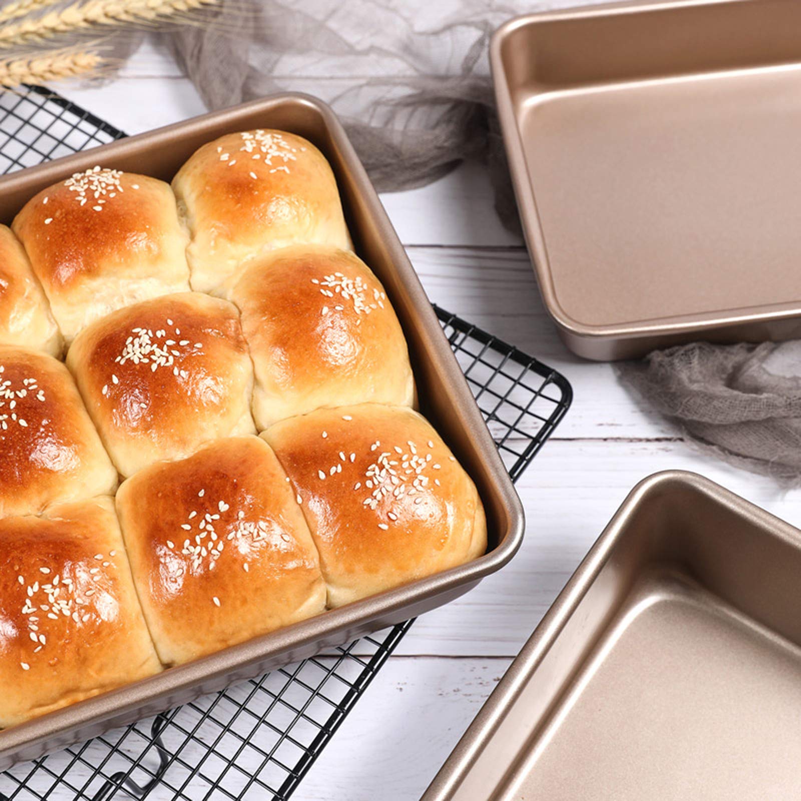 Nonstick Deep Baking Pan Set - 3 Piece Rectangular Cake Bakeware for Oven, Gold (Perfect for Cakes, Brownies & Sheet Pan Meals)