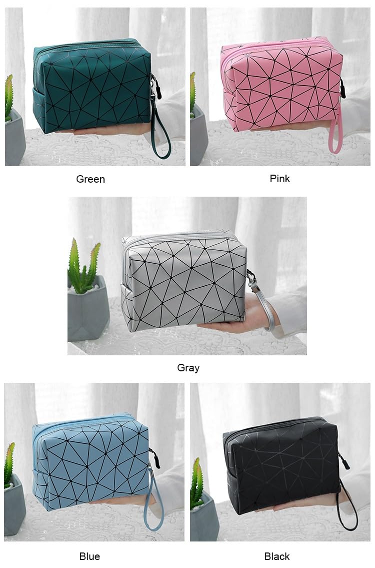 WANQLYN Designer Cosmetic Bag - Waterproof PU Leather Makeup Pouch with Zipper, Geometric Toiletry Storage Organizer for Women & Girls (Black) | Perfect for Travel, Gym, Daily Essentials & Gift Giving