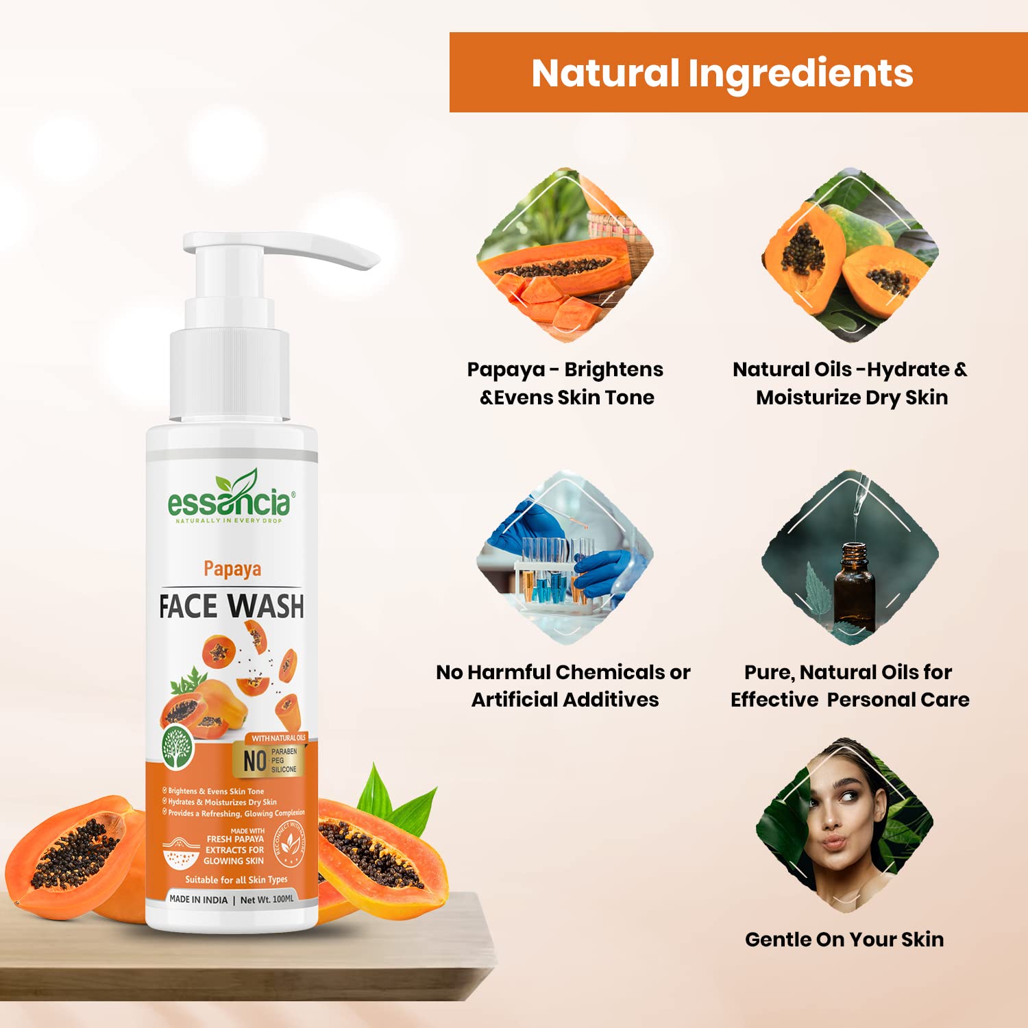 Essencia Papaya Face Wash - Deep Cleansing, Exfoliating & Hydrating Facial Cleanser | Paraben-Free, Silicone-Free | For Men & Women (100ml) | Perfect for Daily Skincare Routine & Acne-Prone Skin