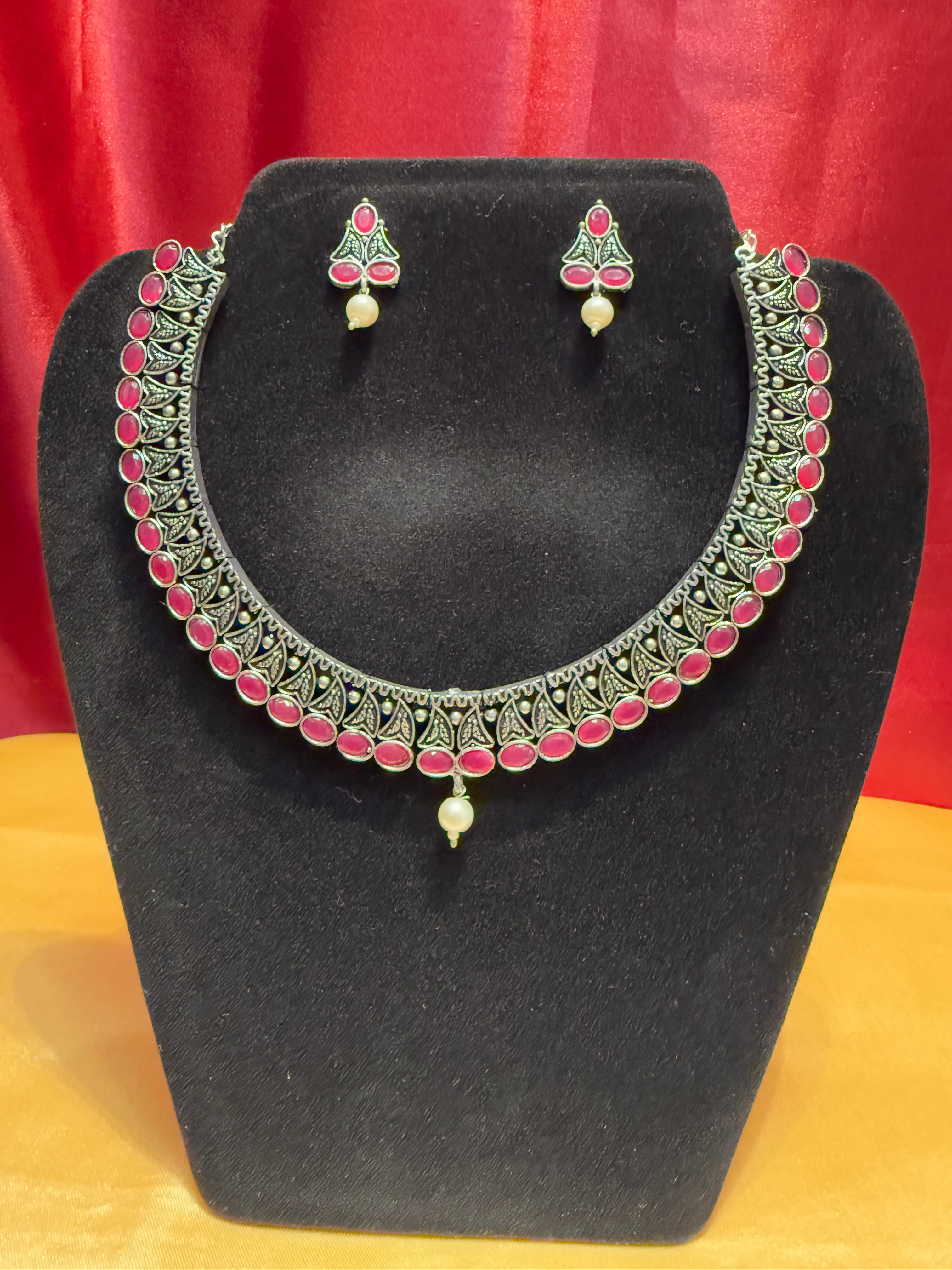 Oxidized Silver Magenta Pearl Necklace & Earrings Set - Vintage Boho Jewelry for Women, Gift for Her - Perfect for Weddings, Parties & Special Occasions