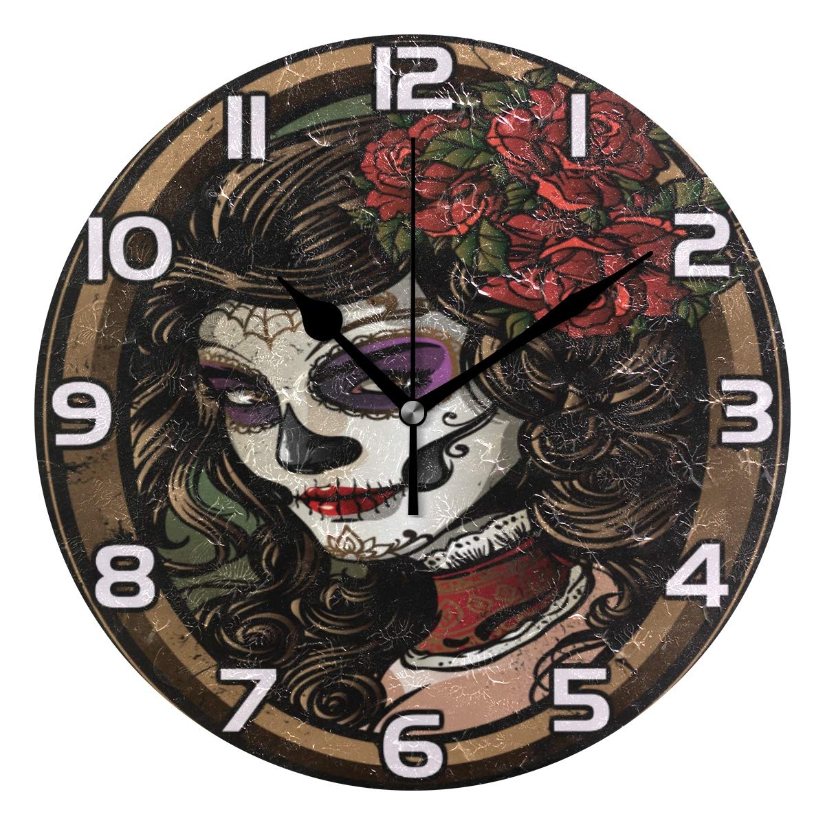 Day of The Dead Sugar Skull Wall Clock - Silent Non-Ticking Home Decor for Living Room, Bedroom & Office | Mexican Folk Art Inspired Gift for Halloween & Dia de Los Muertos
