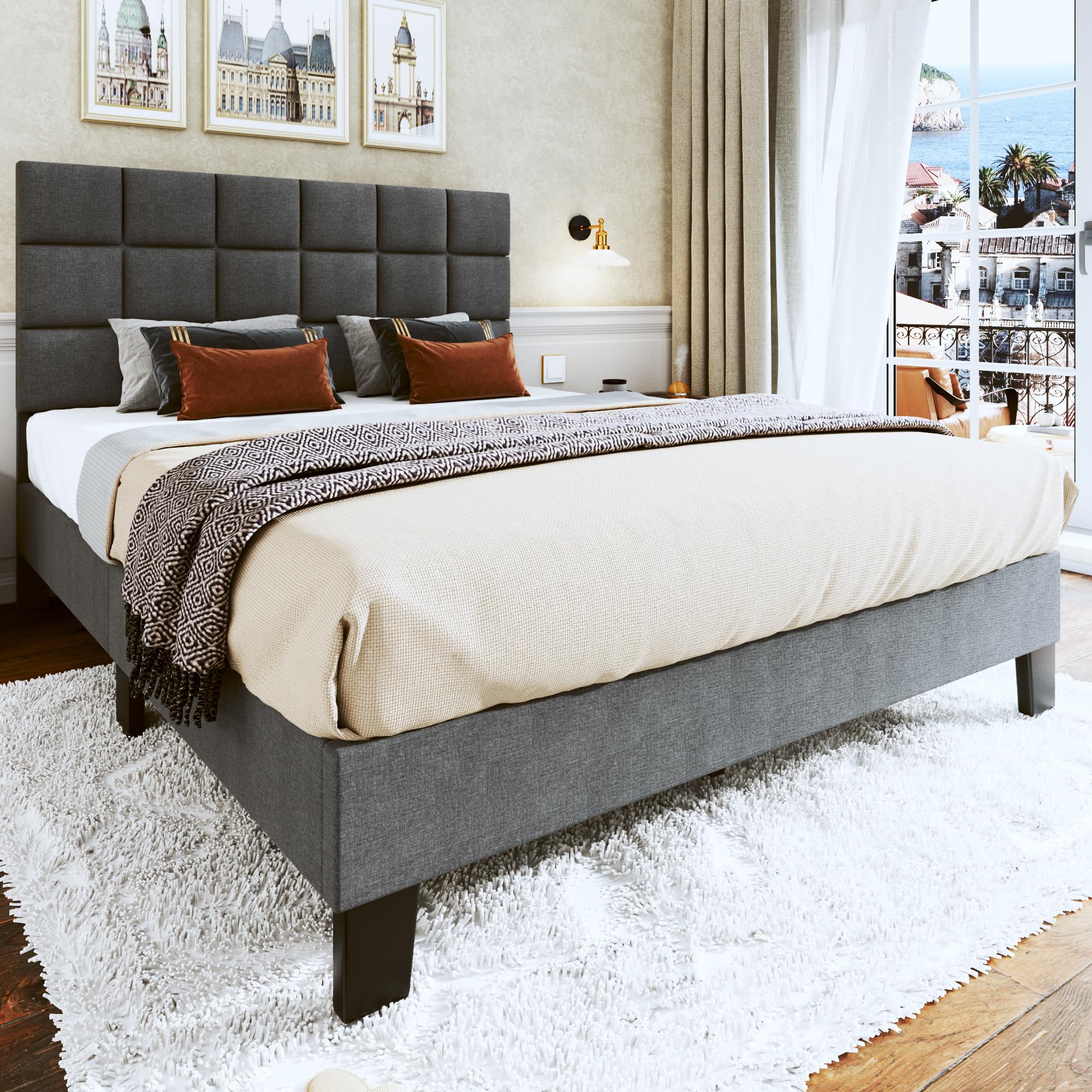 Queen Size Upholstered Platform Bed Frame with Adjustable Headboard - Linen Fabric, Tufted Design & Wooden Slats Support - No Box Spring Needed - Easy Assembly Mattress Foundation in Dark Grey - Perfect for Modern Bedrooms & Guest Rooms