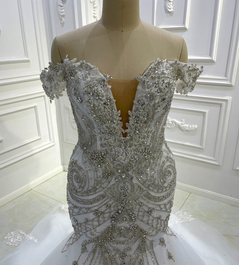AM1225 Off Shoulder Crystal Mermaid Wedding Dress - Elegant Beaded Bridal Gown for Beach, Church & Formal Weddings