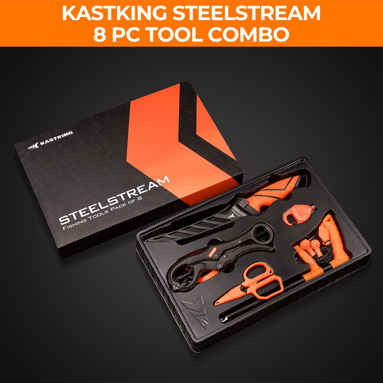 KastKing SteelStream 8-Piece Fishing Tool Kit - Premium Fishing Pliers with Lanyard, Fillet Knife, Floating Fish Lip Gripper, Braid Scissors, Hook Remover & Bungee Cords - Perfect for Saltwater & Freshwater Fishing, Kayak & Boat Anglers