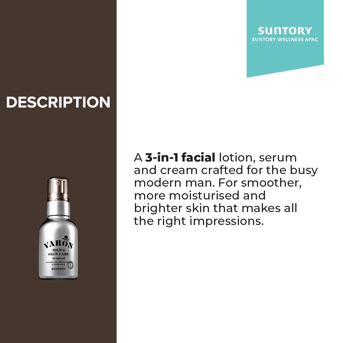 SUNTORY VARON Men's 3-in-1 Face Moisturizer for Dry & Oily Skin - 120ml (Pack of 2) | Hydrating Lotion, Toner & Serum | Daily Skincare Routine for Men | Perfect for Morning & Night Use