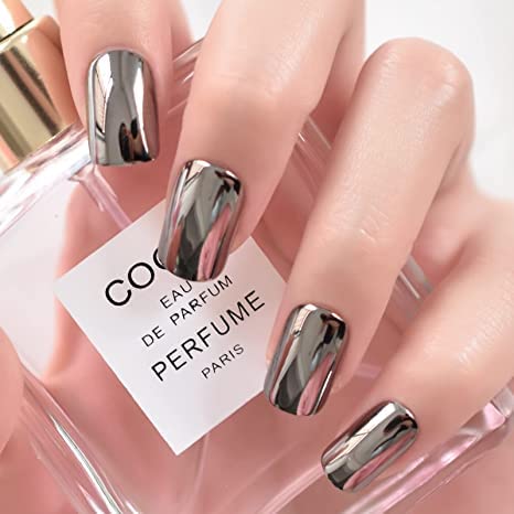 Classic Dark Gray Black Glossy False Nails - Reflective Mirror Acrylic Nail Tips for Punk Style Square Squoval Fake Nails | Perfect for Manicure, Daily Office Wear, Salon & Nail Art | Faux Ongles for Women