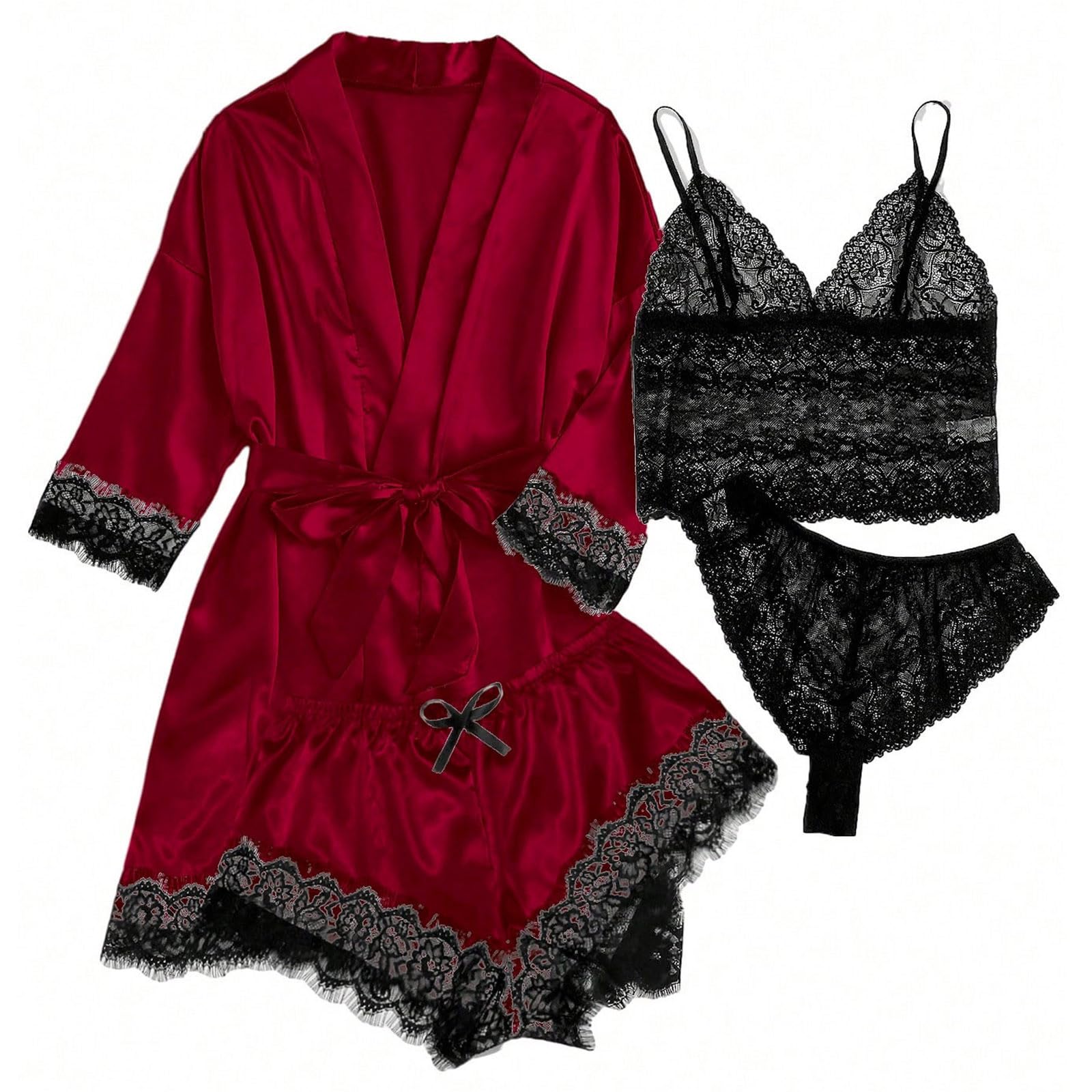 Sexy Lingerie for Women - 2023 Silk Pajama Set with Floral Lace & Satin Robe - Naughty Nightwear for Valentine's Day, Honeymoon & Romantic Occasions