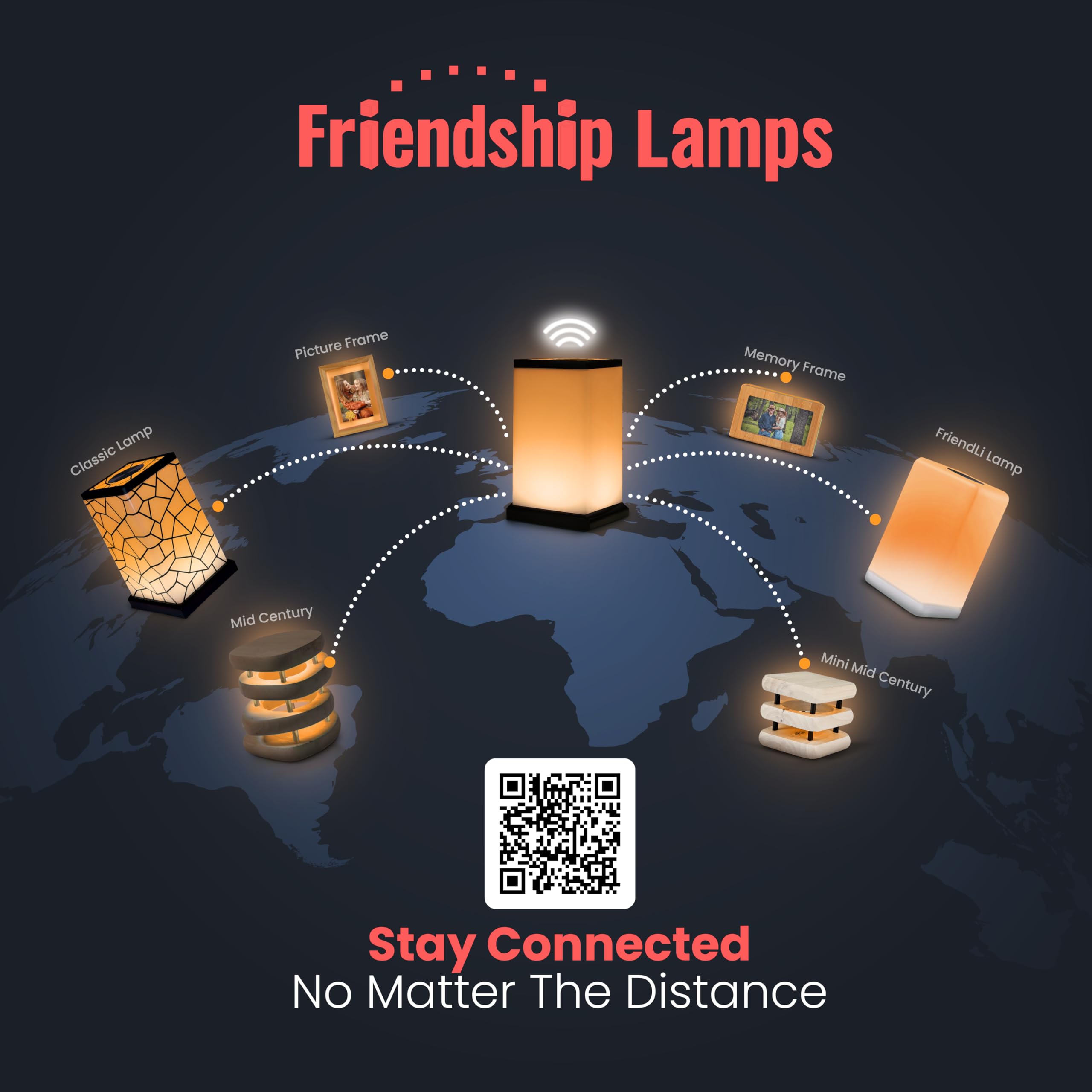 Friendship Lamp Mini Square Mid-Century Handmade WiFi Touch LED Light - Long Distance Connection Gift for Best Friends, Couples & Relationships | Unique App-Controlled Night Light for Bedroom, Living Room & Gifts (Kona Set of 2)