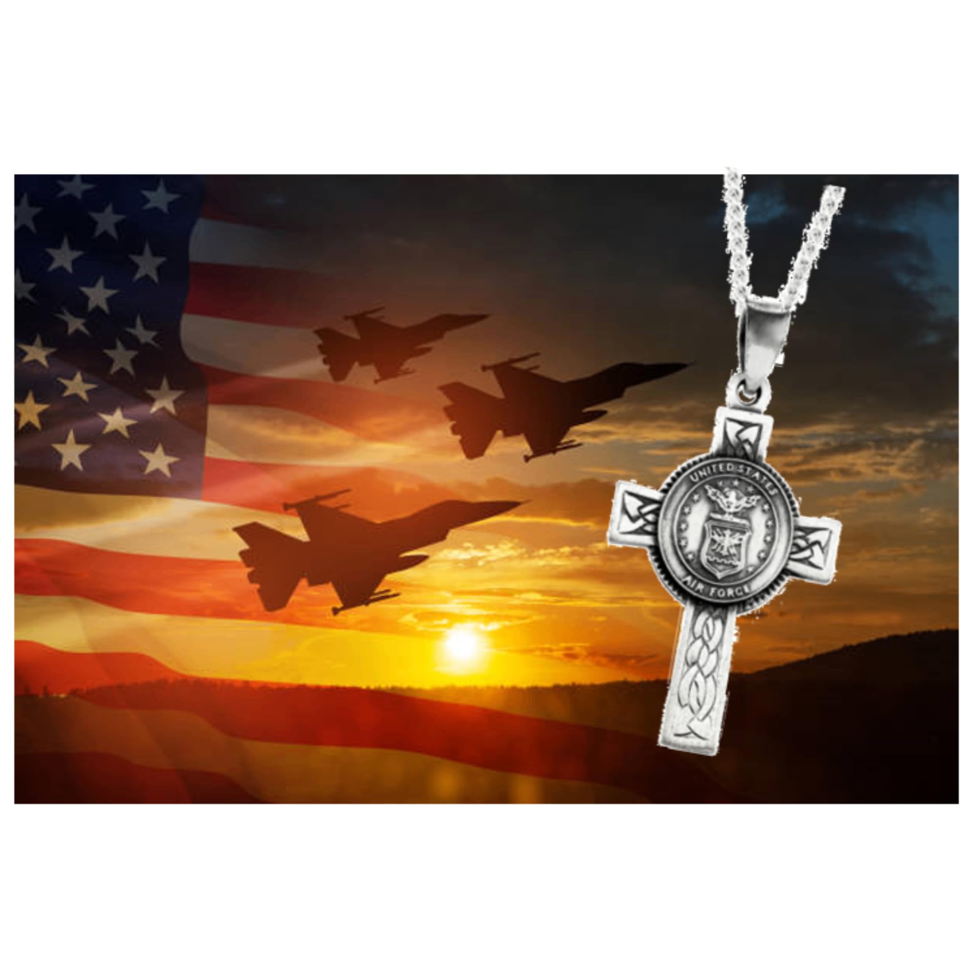 Men's Sterling Silver Air Force Cross Pendant Necklace - Antique Halo Design with US Air Force Crest, Engraved Woven Pattern, 24