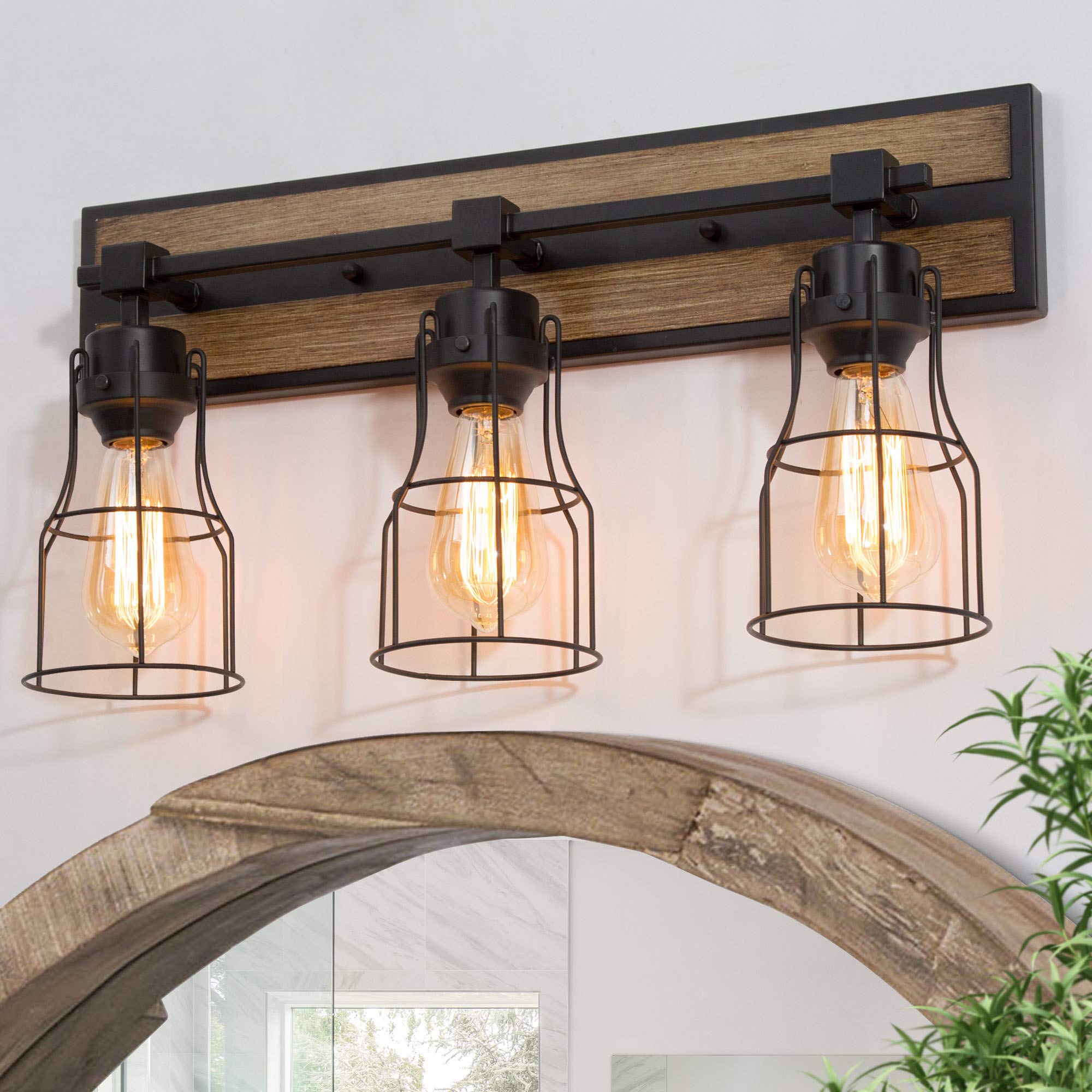 Farmhouse Bathroom Vanity Light Fixture - Rustic Metal Cage Design with Faux Wood Finish, 22
