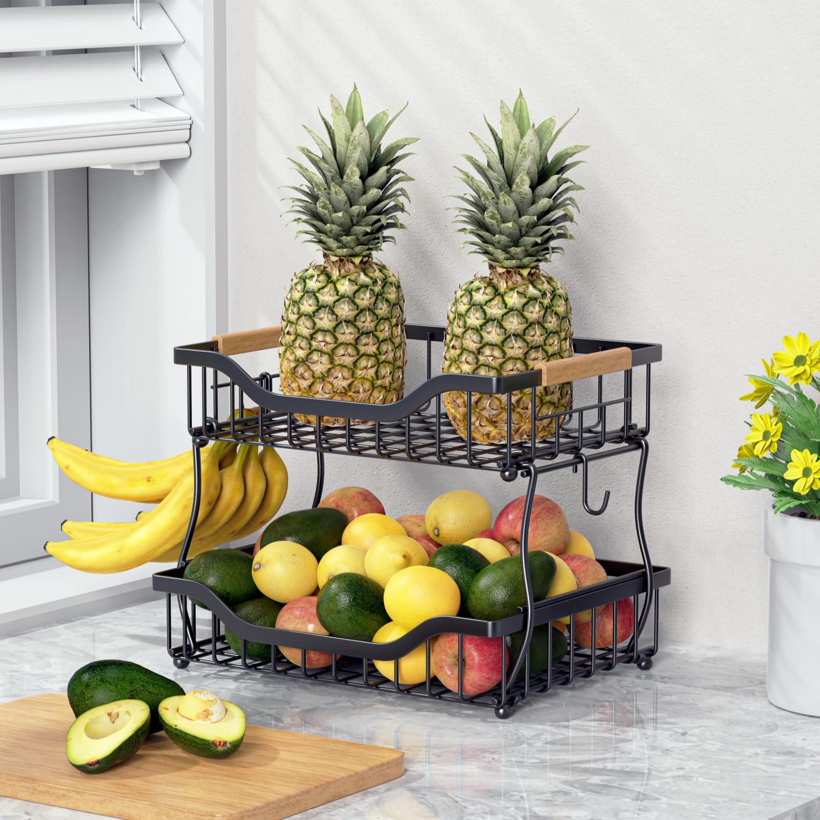2-Tier Fruit Basket with Banana Hangers - Wall Mount & Countertop Kitchen Organizer for Fruits, Vegetables, Potatoes, Onions, Bread & Snacks | Space-Saving Storage Solution for Small Kitchens & Pantries