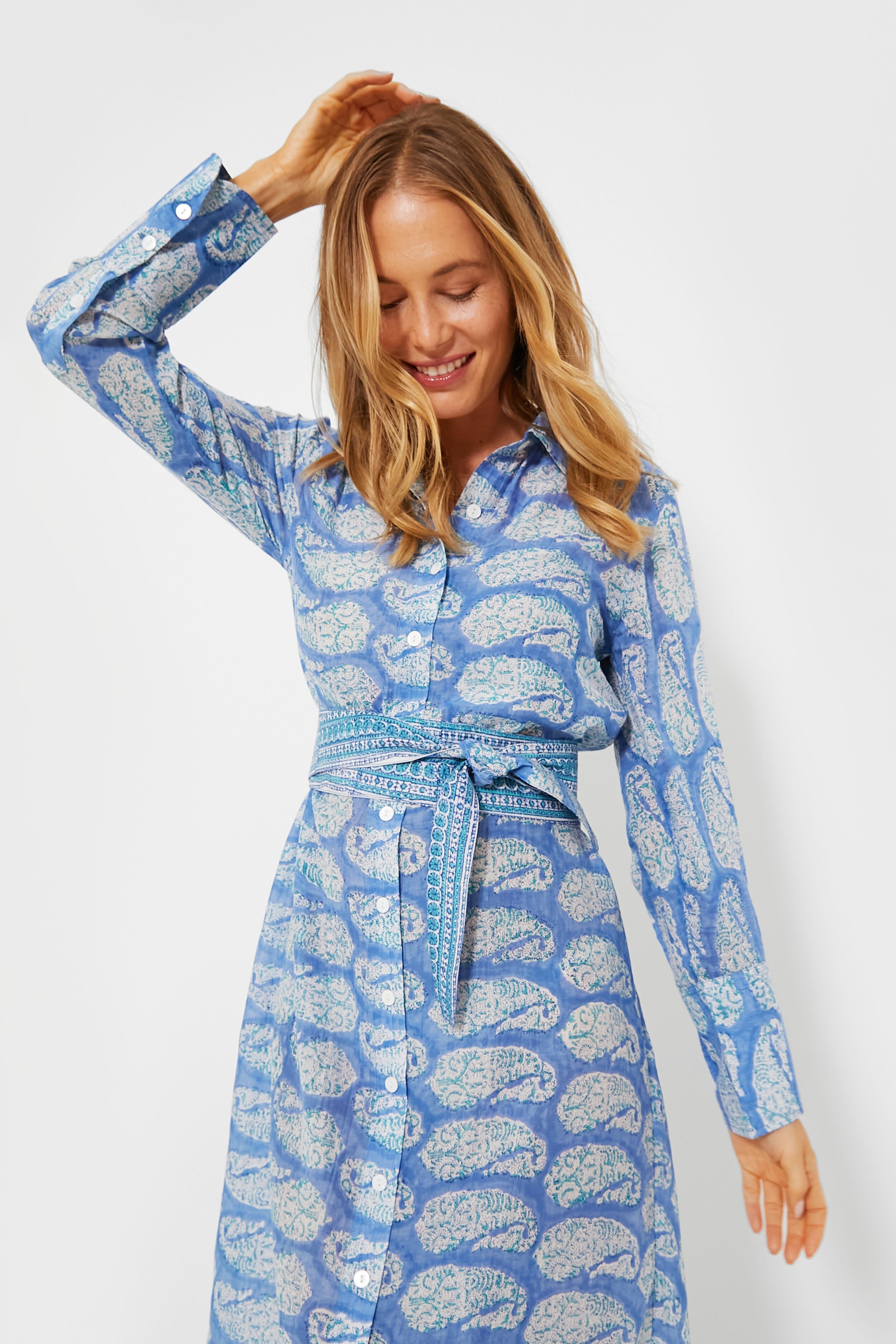 Blue Turquoise Paisley Print Oversized Maxi Shirt Dress for Women | Boho Chic Beach Cover-Up & Summer Casual Outfit