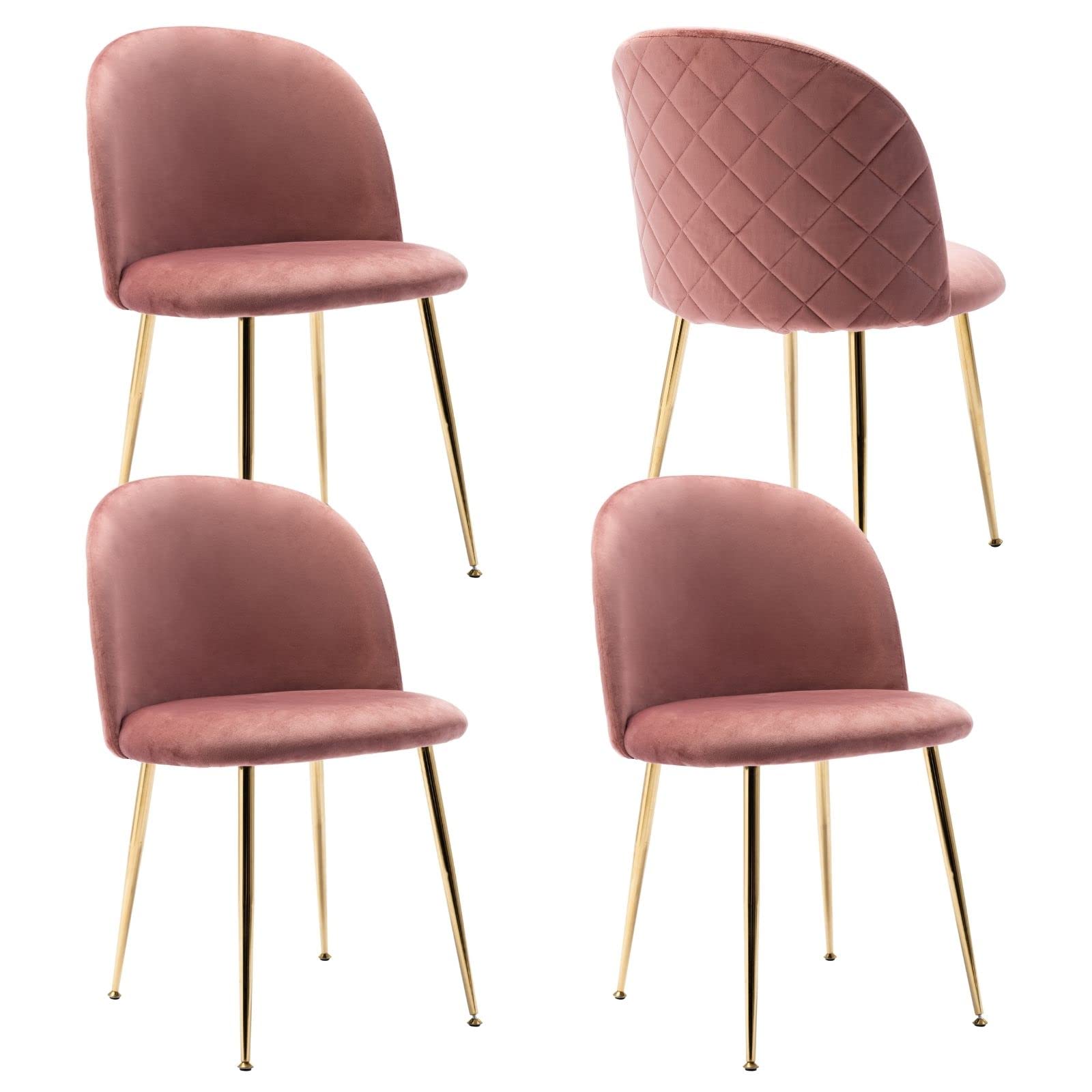 Velvet Accent Chairs Set of 4 - Mid Century Modern Dining Chairs with Gold Metal Legs - Upholstered Side Chairs for Living Room, Dining Room & Kitchen - Soft Pink Velvet Fabric - Perfect for Home Decor, Entertaining Guests & Cozy Reading Nooks