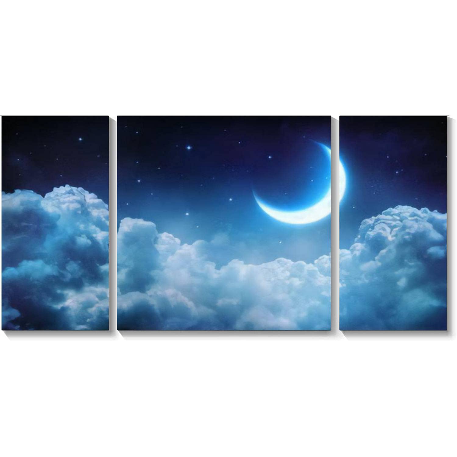 BDMPIZLNSF 3 Panel Canvas Wall Art - Romantic Moon in Starry Night Over Clouds Framed Print Painting - Ready to Hang Home Decor for Living Room & Bedroom - Perfect for Creating a Cozy Atmosphere or Romantic Ambiance