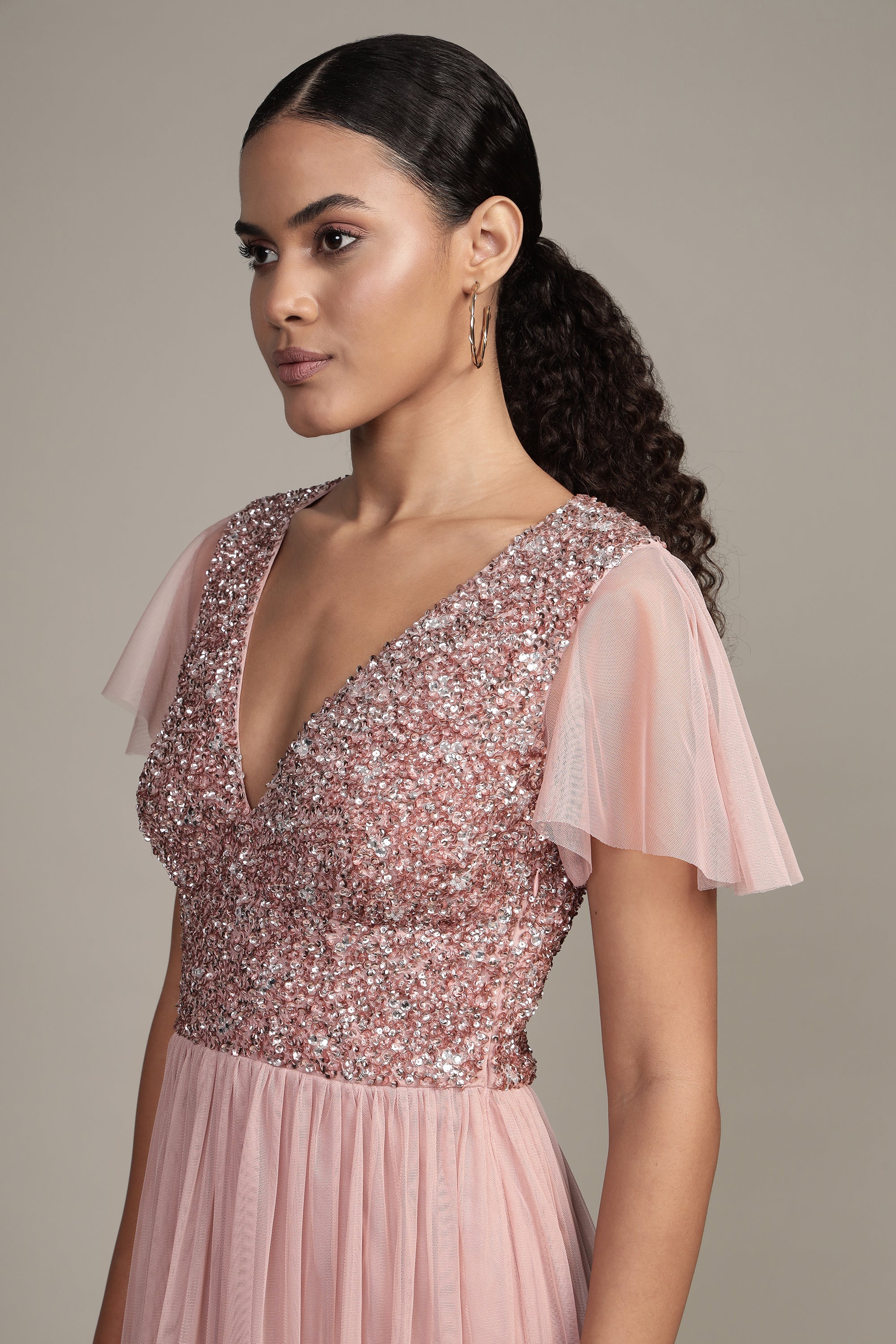 Maddie Embellished Midi Dress in Dusty Pink - Elegant Floral Lace Party Dress for Weddings, Cocktails & Special Occasions