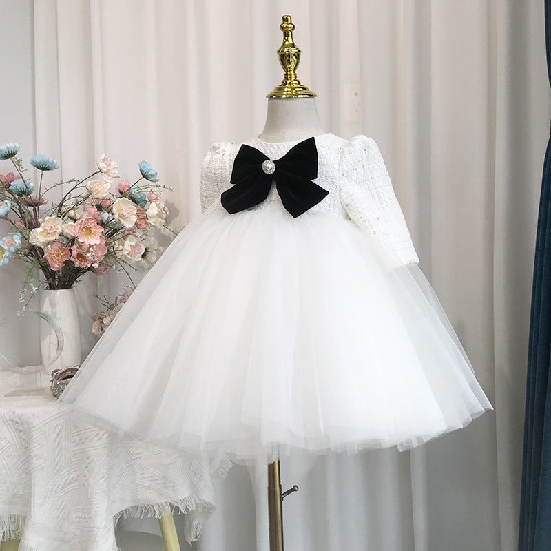 Baby Girls White Birthday Mesh Dress with Bow - Elegant Party Outfit for Special Occasions & Photoshoots