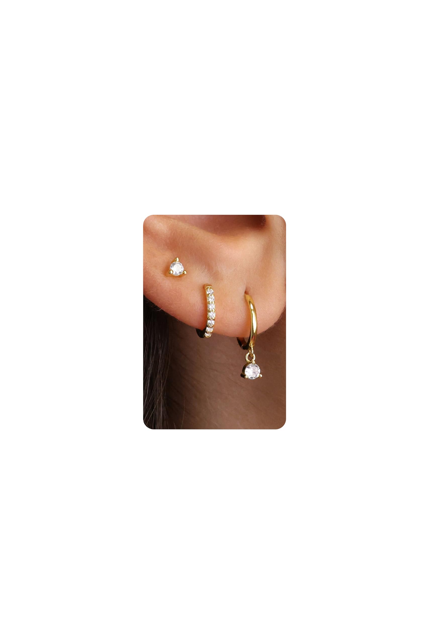 14K Gold Plated Sterling Silver Earrings Set for Women - 3 Pairs Stud, Drop Dangle, Ear Climber & Huggie Hoop Earrings | Hypoallergenic, Elegant Jewelry for Daily Wear, Parties & Gifts