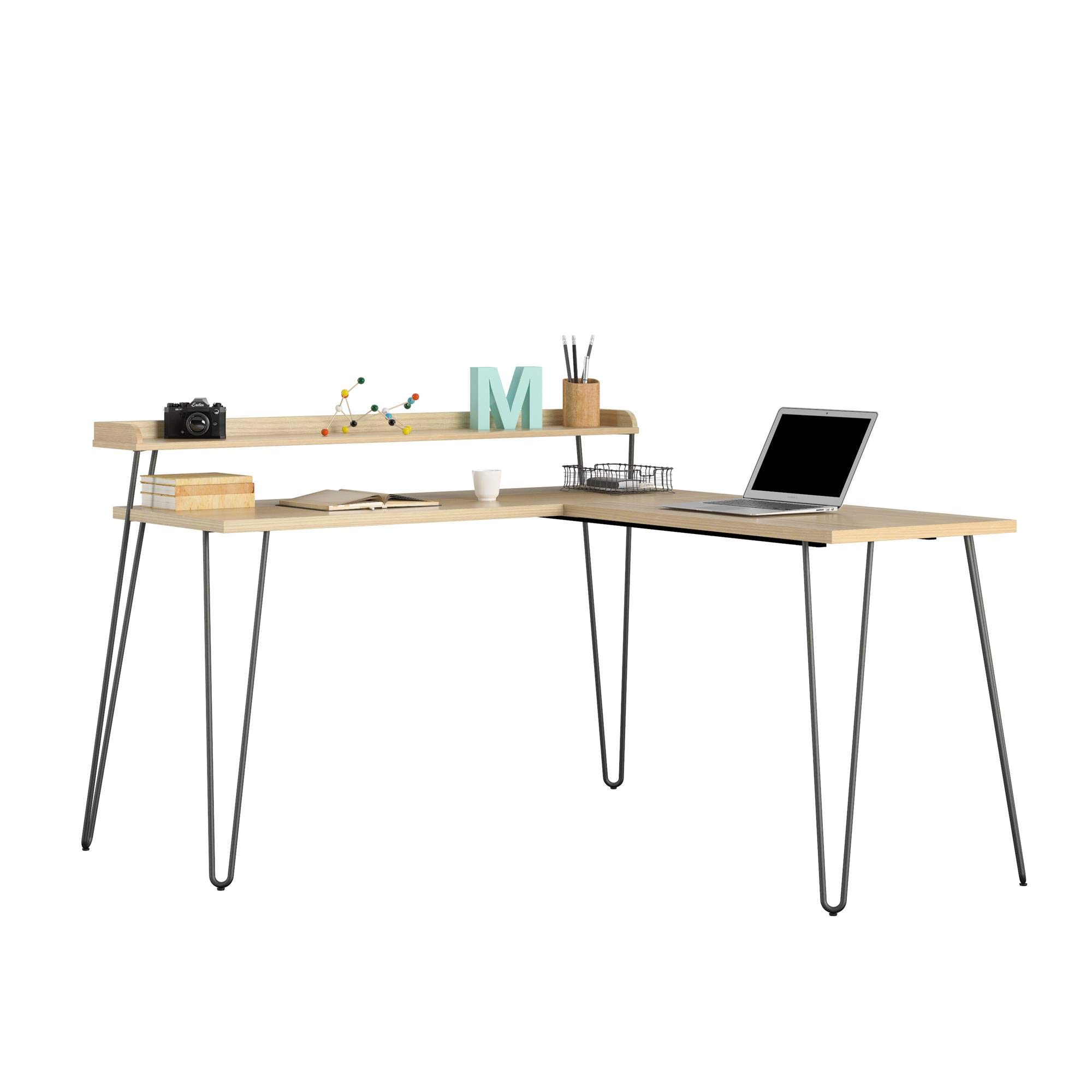 Ameriwood Home Haven L-Shaped Desk with Riser - Natural Wood Finish Computer Workstation for Home Office, Gaming & Study - Spacious Corner Desk with Storage Shelf