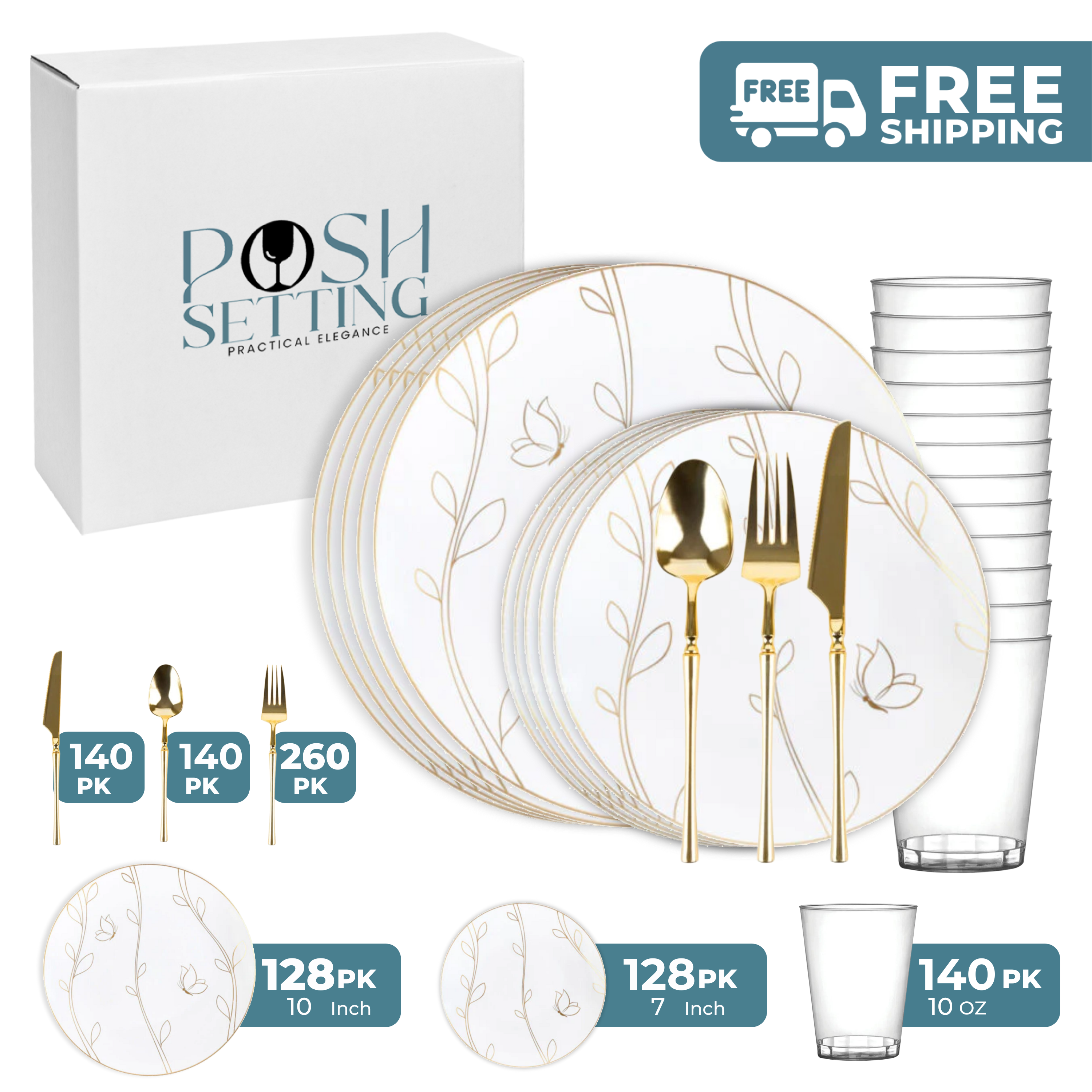 White and Gold Plastic Party Bundle - Elegant Disposable Tableware Set for Weddings, Birthdays & Events - Plates, Cups, Forks & Napkins (50-Pack) - Perfect for Celebrations, Baby Showers & Dinner Parties