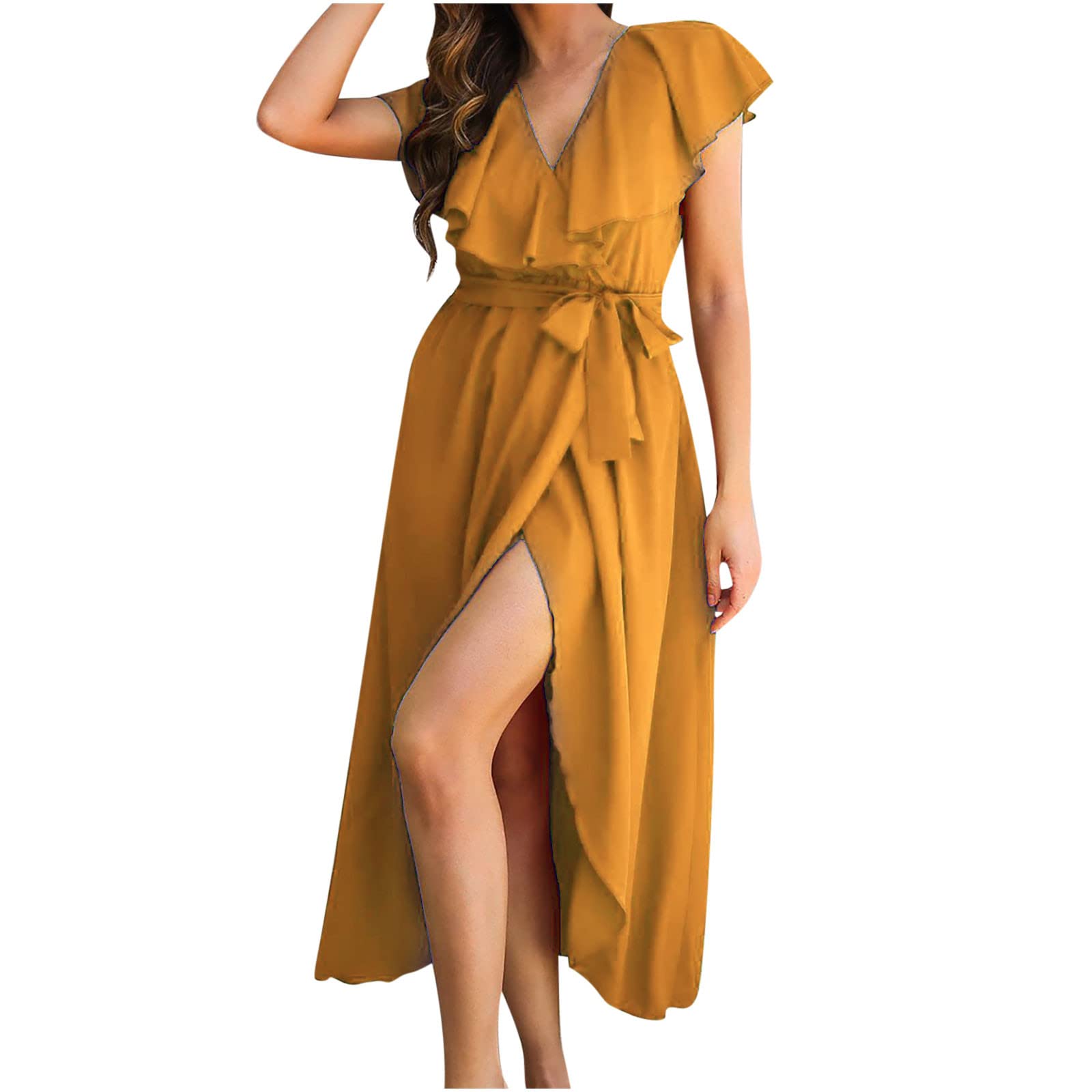 Elegant Women's Wrap V-Neck Ruffle Midi Dress with Belt - Semi Formal Wedding Guest Dress with High Slit | Perfect for Cocktail Parties, Bridal Showers & Evening Events