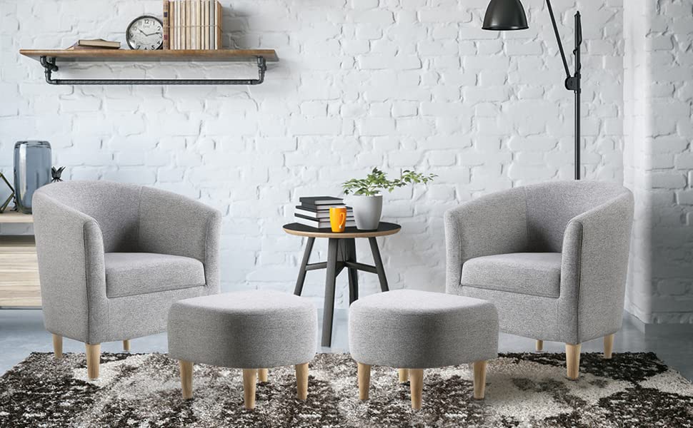 Modern Accent Chair with Ottoman Set of 2 - Upholstered Barrel Club Armchair & Footrest - Gray Fabric Living Room Furniture for Small Spaces, Bedroom, Apartment & Office - Perfect for Reading Nook, Lounge Area or Guest Seating