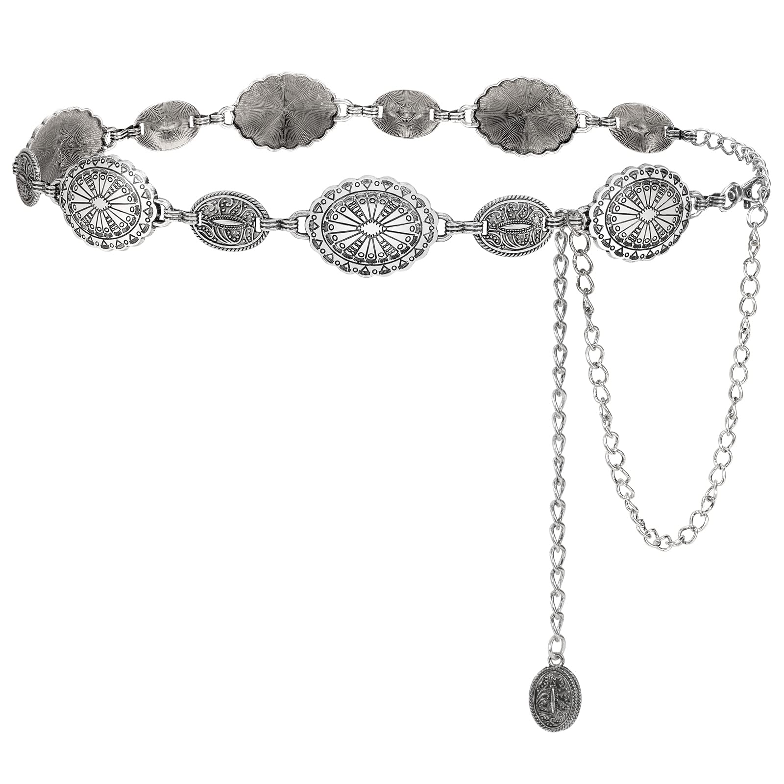 LEACOOLKEY Women's Turquoise Concho Chain Waist Belt - Silver Western Cowgirl Metal Belt for Dresses, Adjustable Size for Jeans, Skirts & Boho Outfits