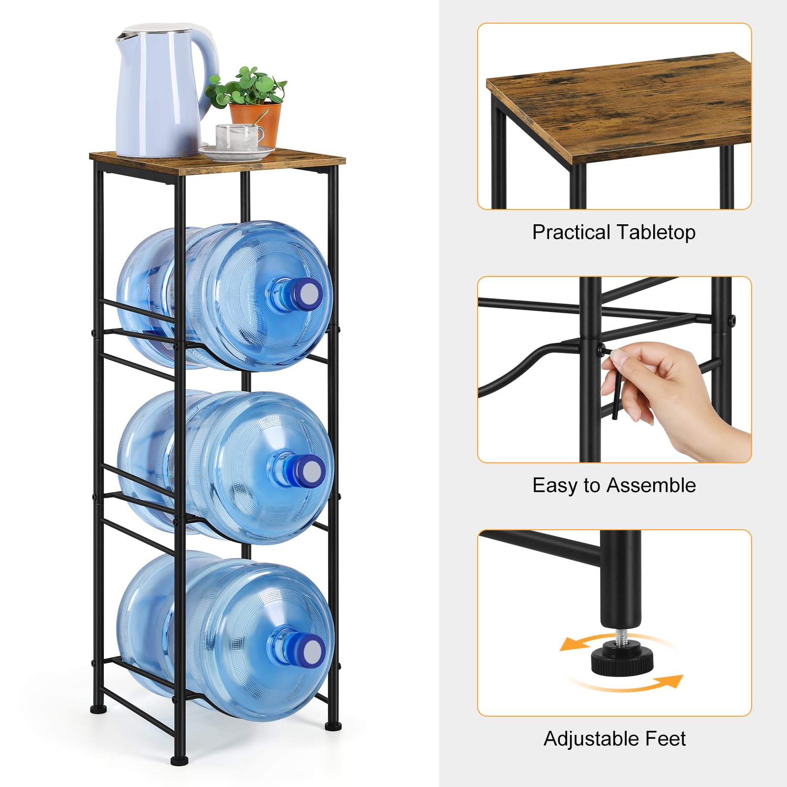 5 Gallon Water Bottle Jug Holder - 3-Tier Heavy Duty Water Dispenser Stand Rack with Top Shelf - Rustic Brown Organizer for Kitchen, Living Room, Office - Perfect for Home, Workplace and Outdoor Use