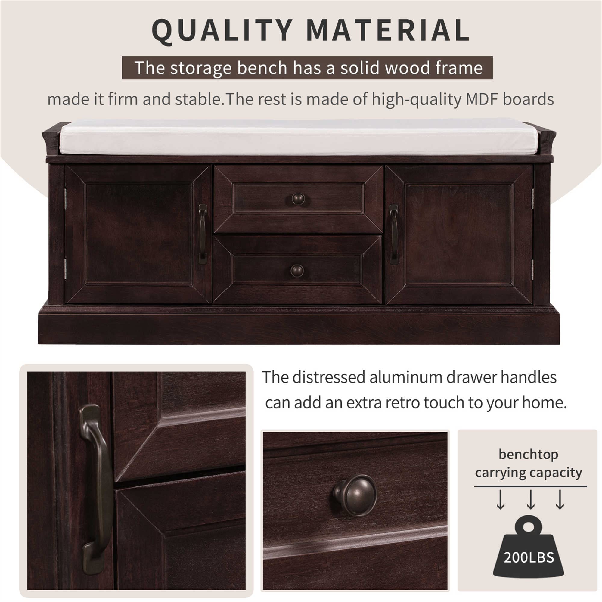 Rustic Wooden Storage Bench with 2 Cabinets & 2 Drawers - Entryway Shoe Bench with Removable Cushion | Multi-Functional Organizer for Bedroom, Hallway & Living Room | Perfect for Shoes, Blankets & Home Decor Storage