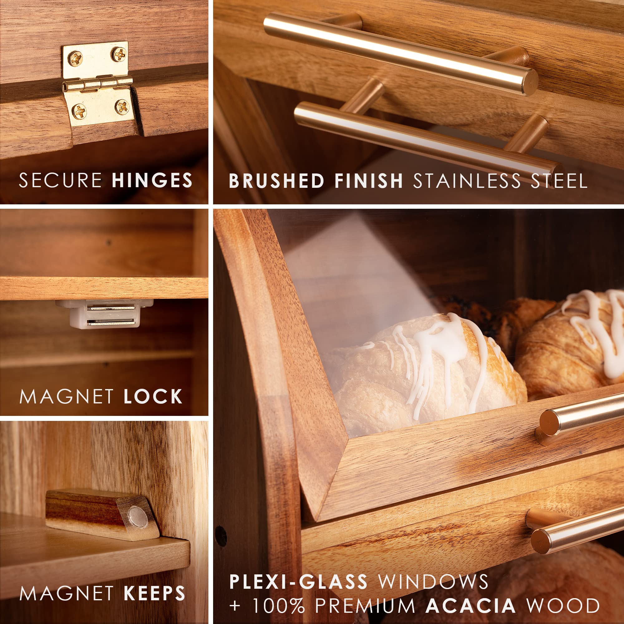 Premium Acacia Wood Bread Box for Kitchen Countertop - Extra Large 2-Tier Bread Storage with Clear View Windows & Ventilation | Keeps Bread, Bagels, Rolls Fresh | Easy Assembly | Perfect for Bakeries, Restaurants & Home Kitchens