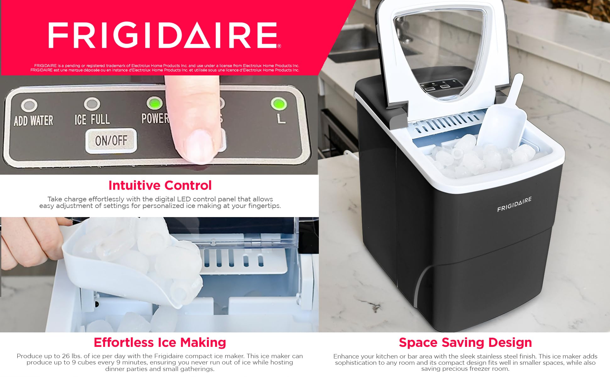 Frigidaire 26 Lbs Portable Compact Ice Maker Machine - Countertop Ice Maker for Home, Office, RV & Parties - Fast Ice Production in Black or White (Medium Size)
