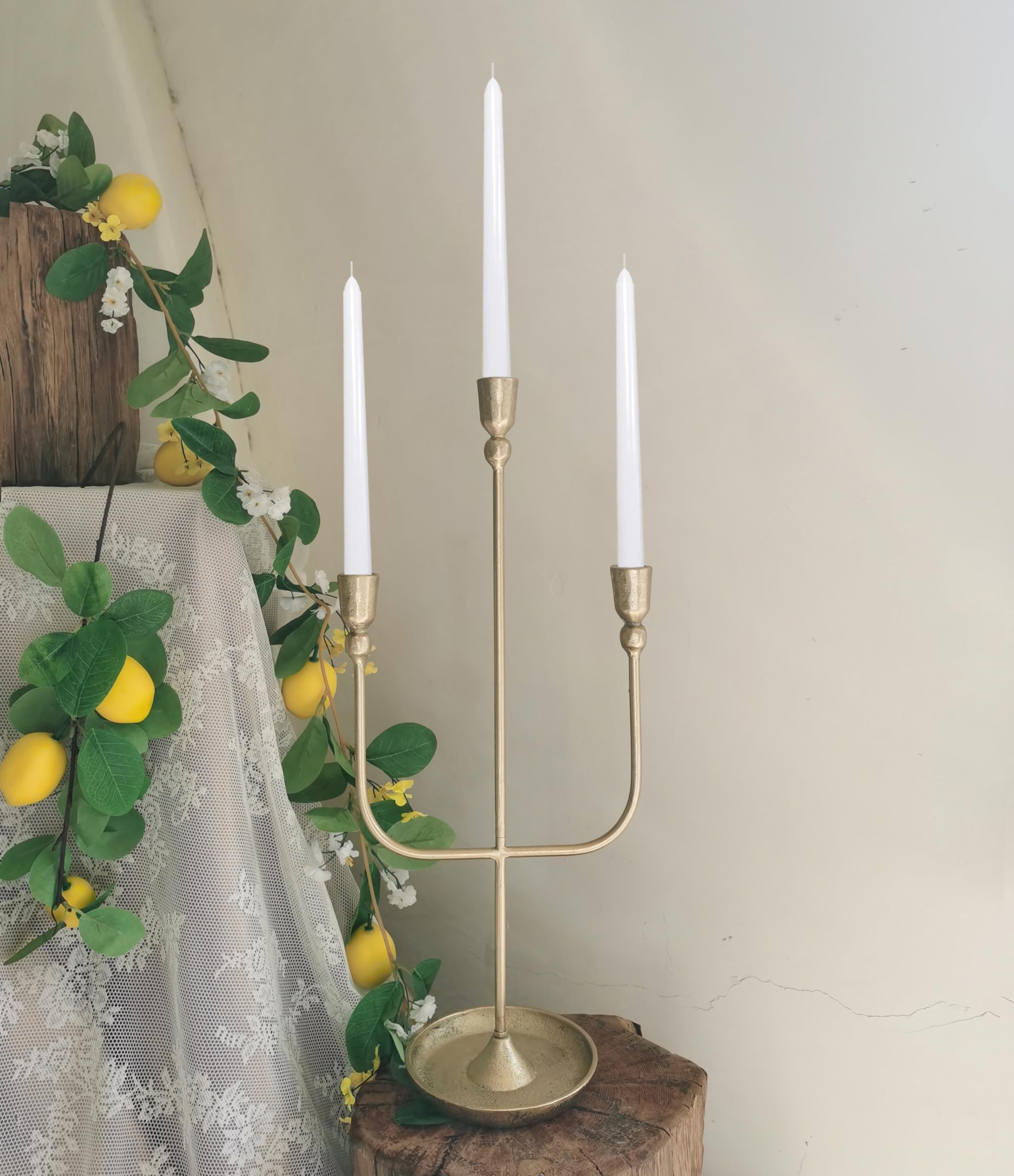 3-Piece Brass Finish Metal Candelabra Set - 20.5 Inch Tall Iron Candle Holders for Wedding Centerpieces, Dining Table Decor & Romantic Home Ambiance